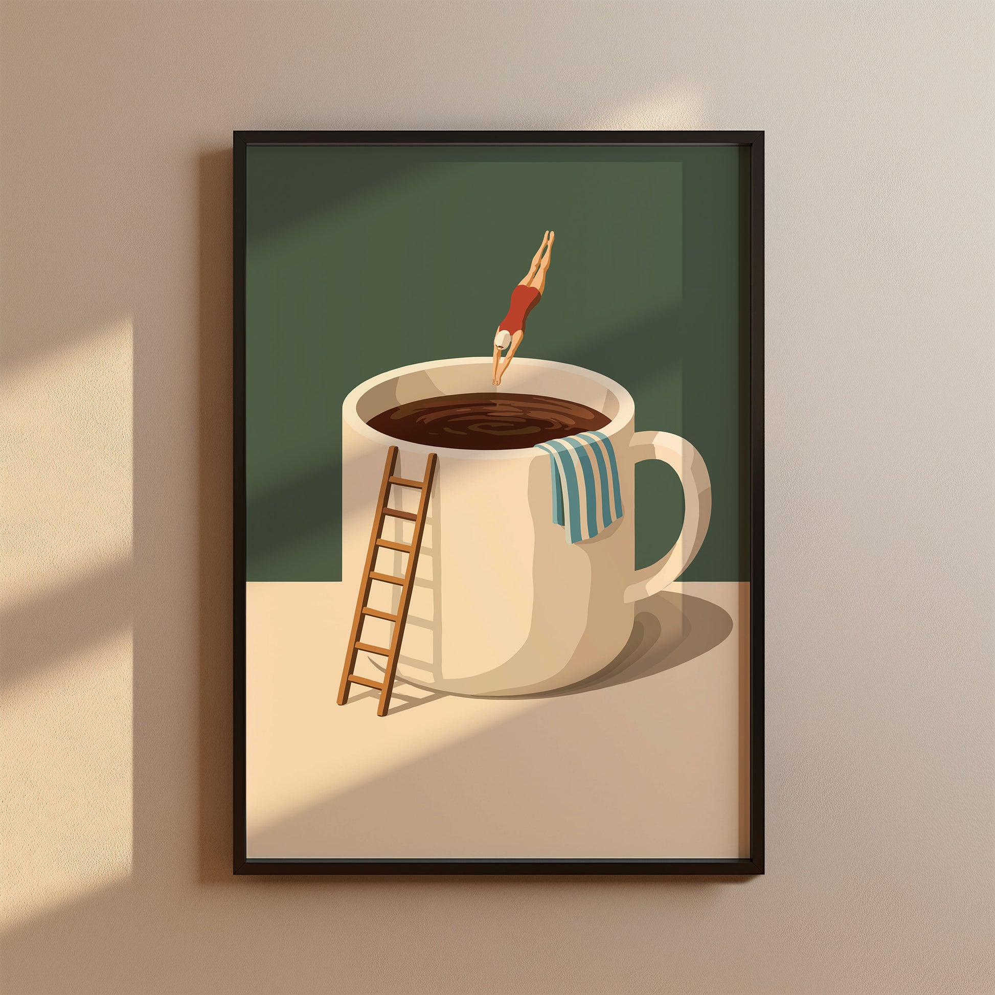 Taucher springt in Kaffeebecher - Lustiges Küchen Poster - Modernes Wohndekor Esszimmer