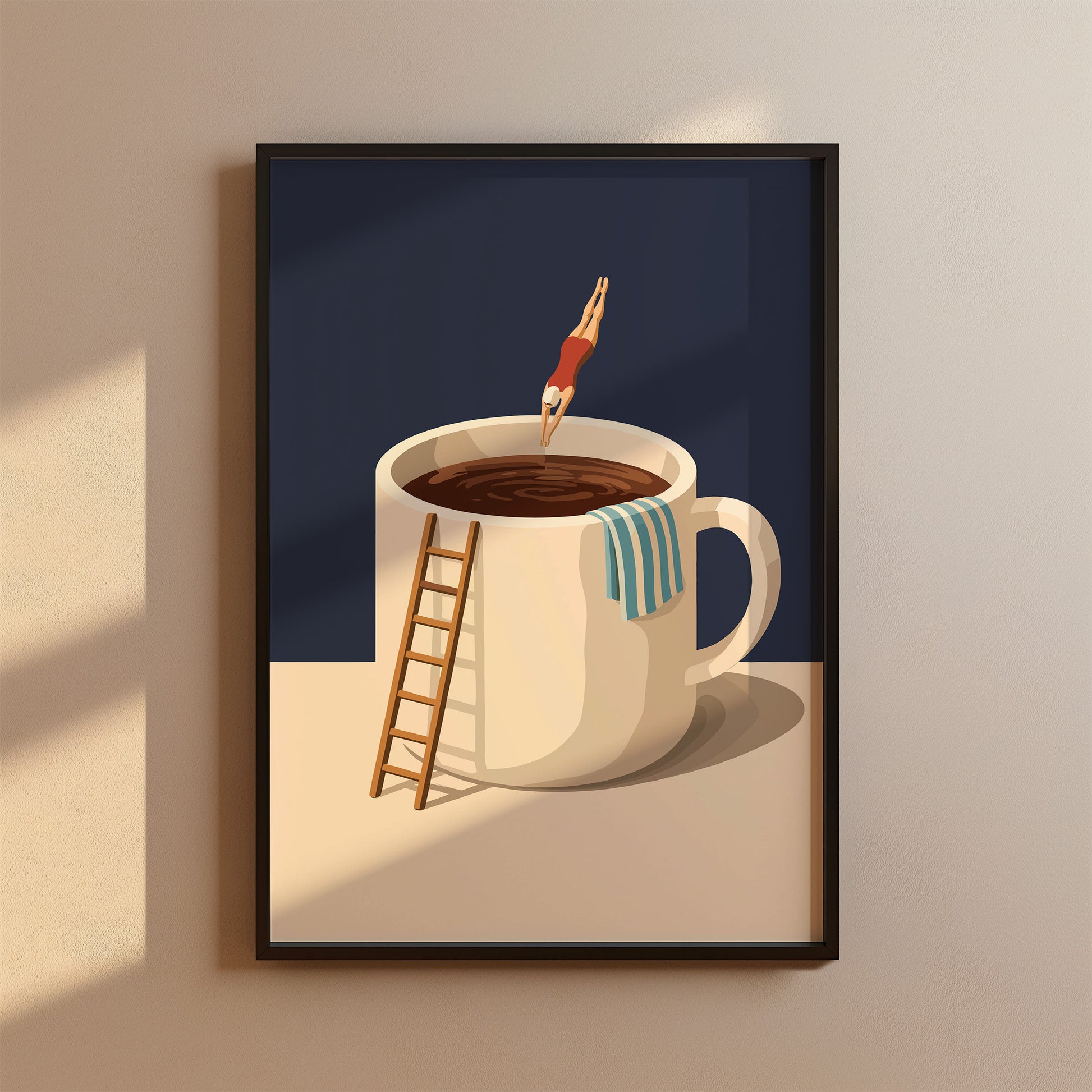 Küchen Kaffee Poster Lustig - Taucher springt in Kaffeebecher