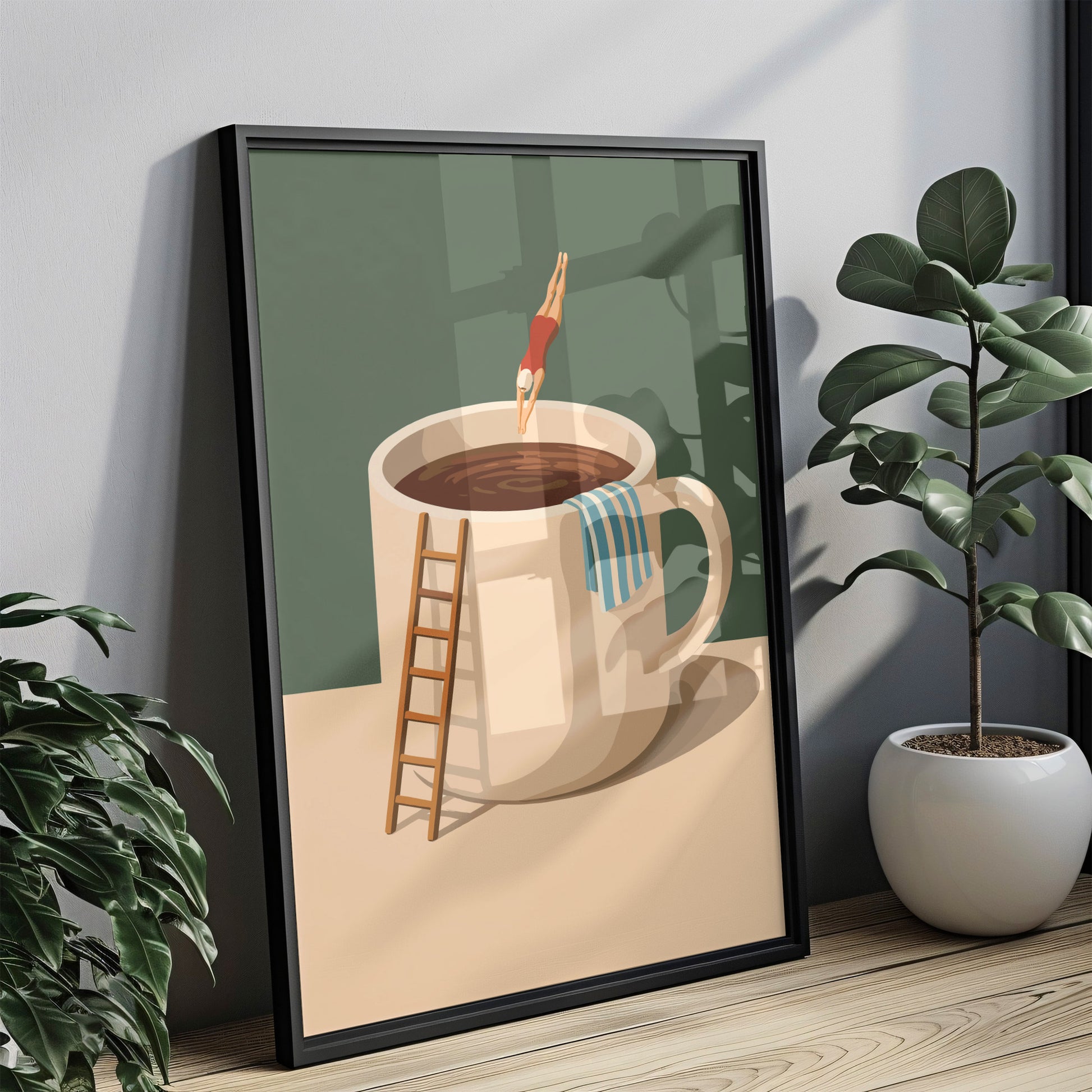 Taucher springt in Kaffeebecher - Lustiges Küchen Poster - Modernes Wohndekor Esszimmer