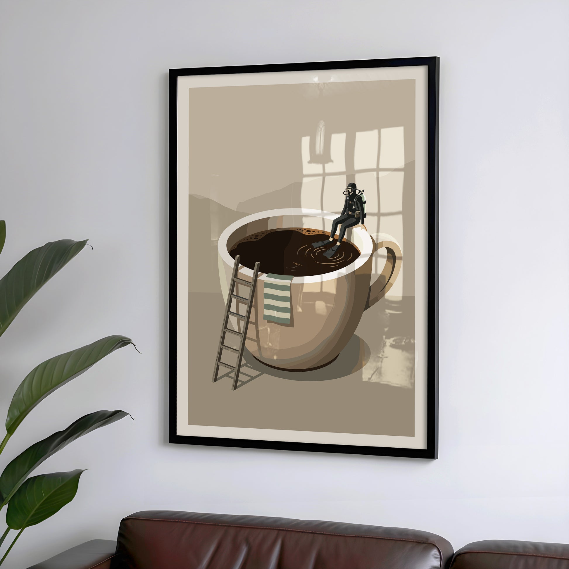 Taucher sitzt auf Kaffeetasse - Mid-Century Küchen Kaffee Poster Beige Minimalistisch