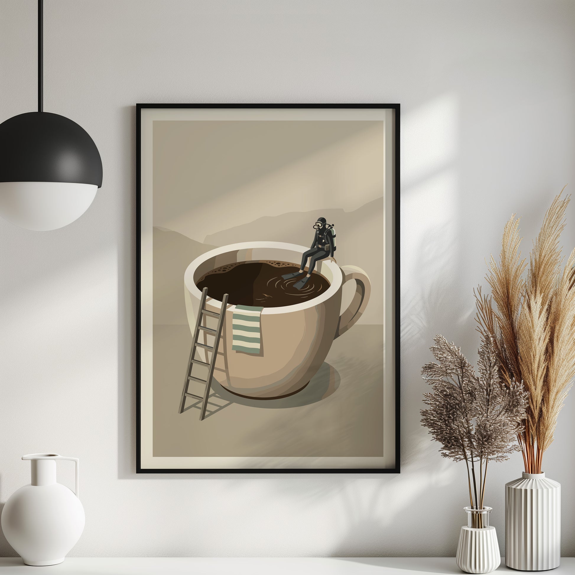 Taucher sitzt auf Kaffeetasse - Mid-Century Küchen Kaffee Poster Beige Minimalistisch