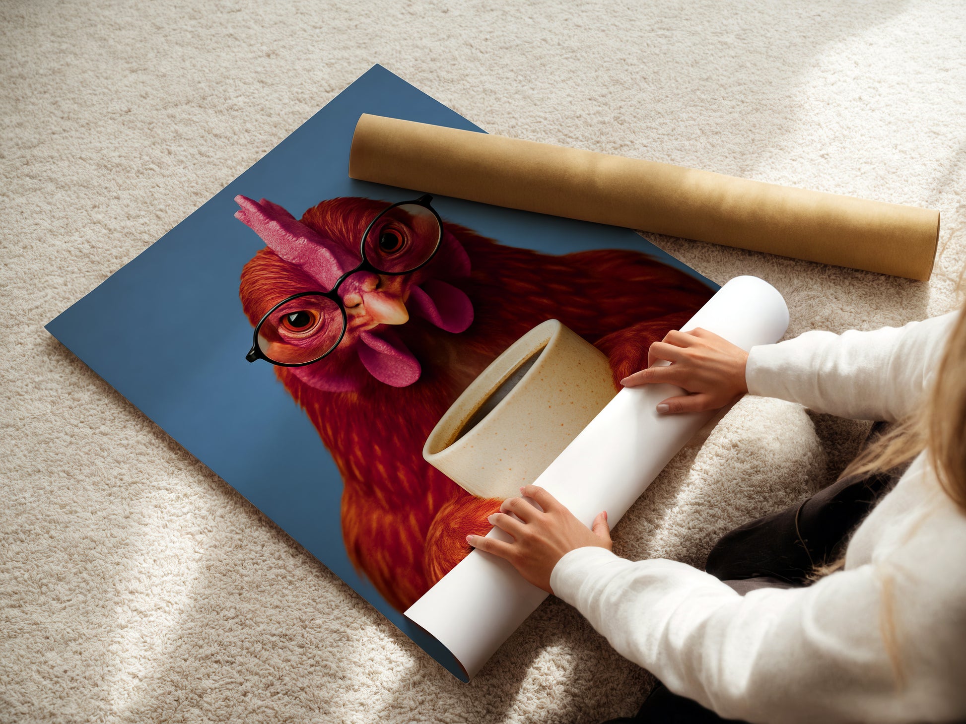 Poster Esszimmer Bild Huhn trinkt Kaffee Geschenk Hausbau, Küchen Deko