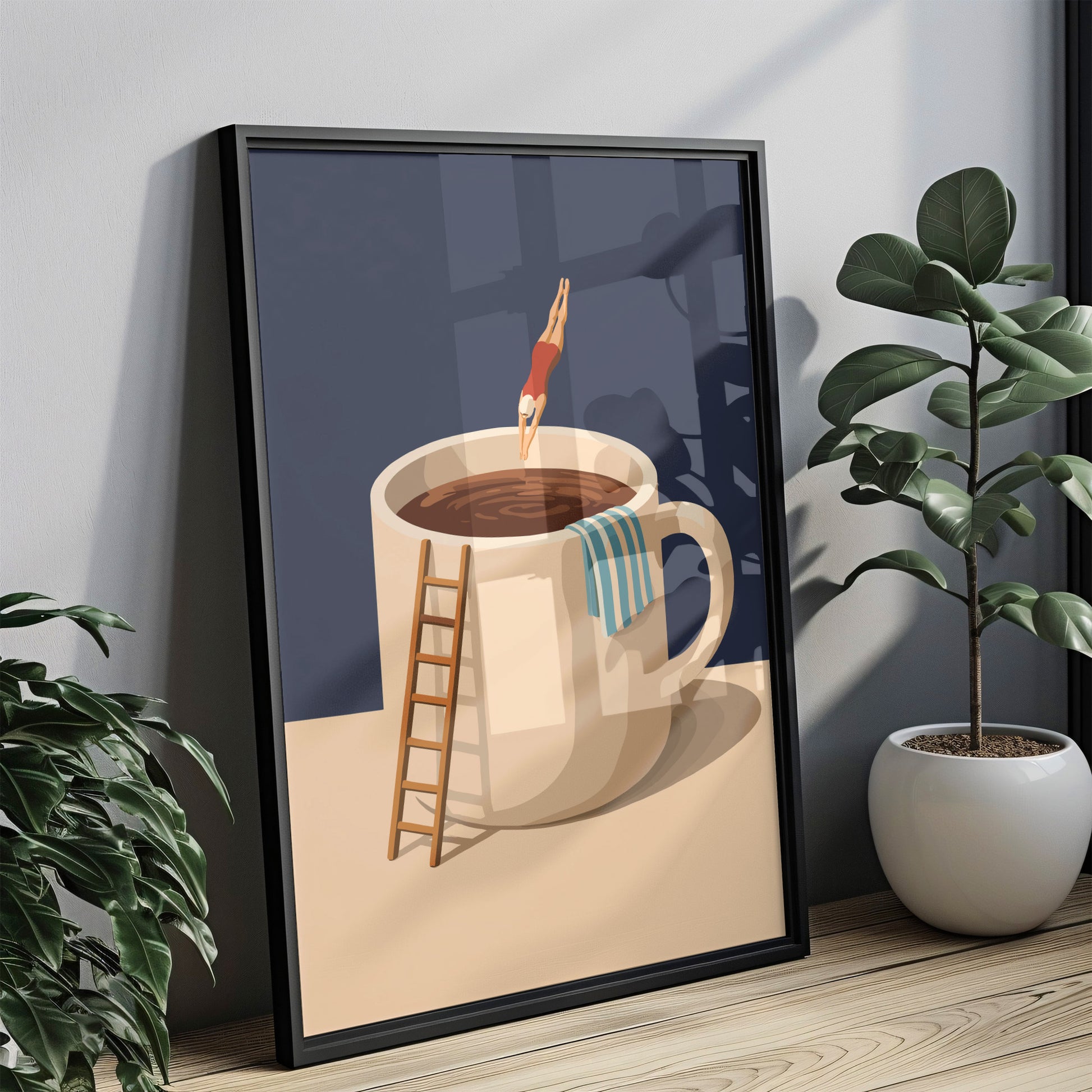Küchen Kaffee Poster Lustig - Taucher springt in Kaffeebecher