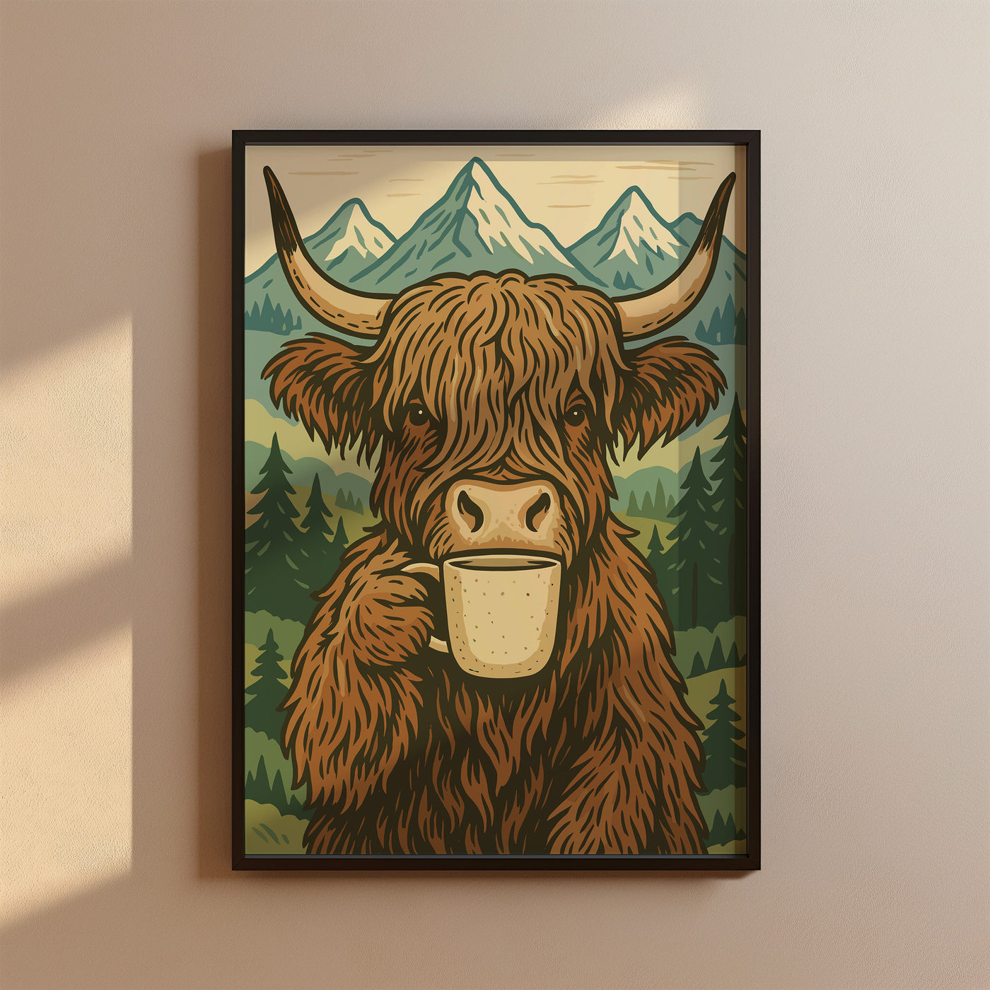 Highland Kuh trinkt Kaffee - Boho Poster Deko - Esszimmer Poster - Küchen Deko Print - Geschenk Kaffeeliebhaber - Moderne Wohndekoration