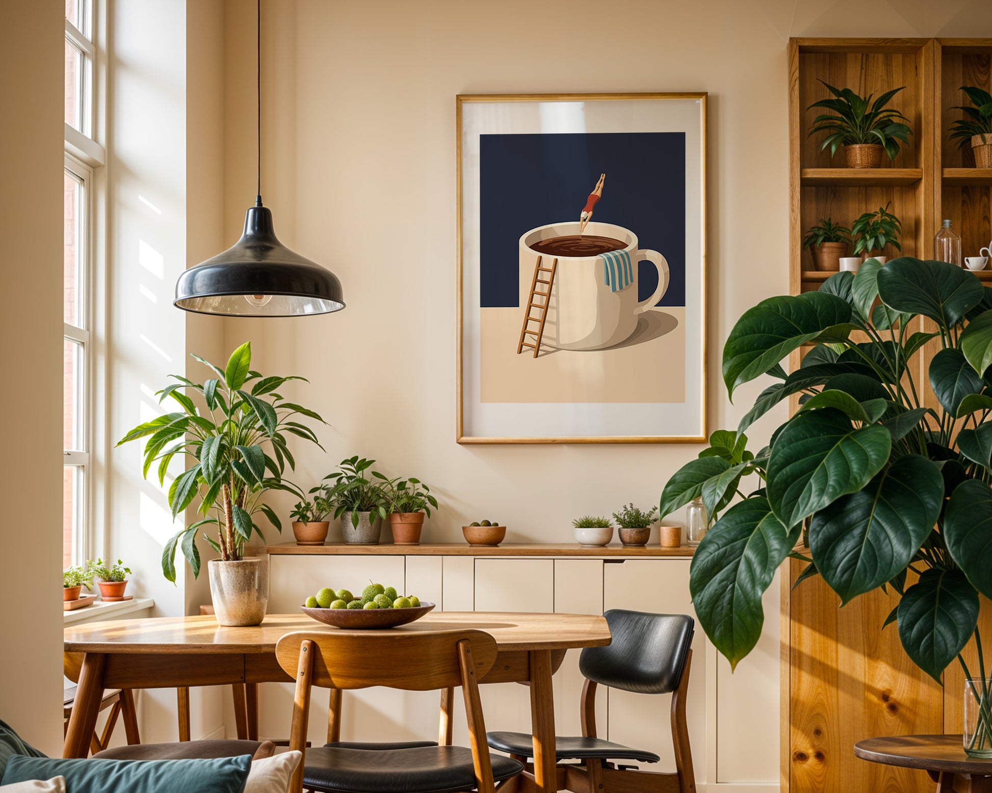 Küchen Kaffee Poster Lustig - Taucher springt in Kaffeebecher