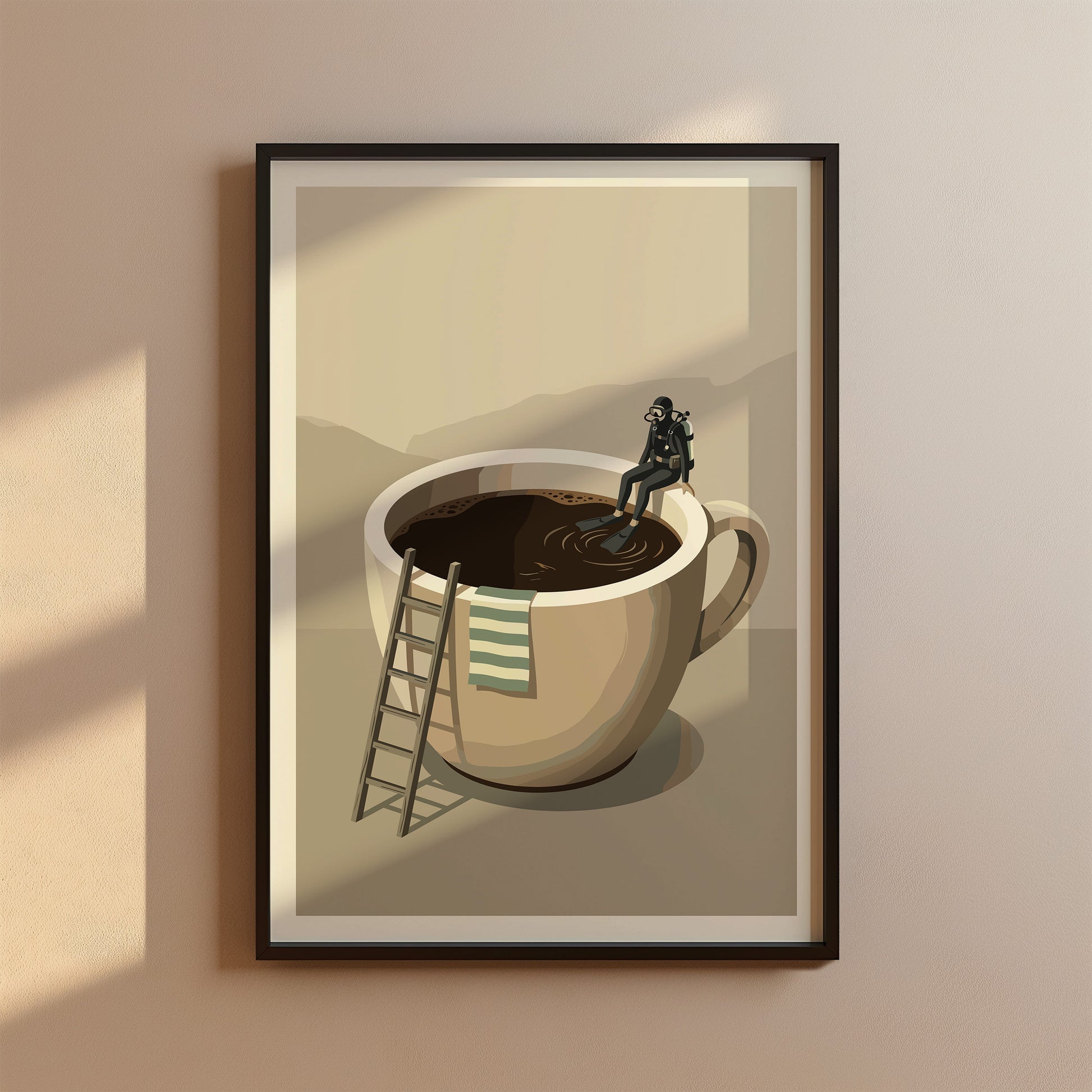 Taucher sitzt auf Kaffeetasse - Mid-Century Küchen Kaffee Poster Beige Minimalistisch