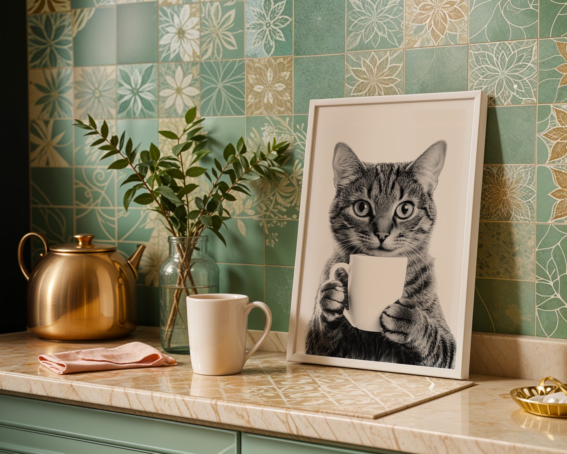 Küchenposter witzig Küchen Print Katze trinkt Kaffee Bild für die Küche Deko Wand Schwarz Weiß Poster Kaffee Geschenk Katzenliebhaber Bild