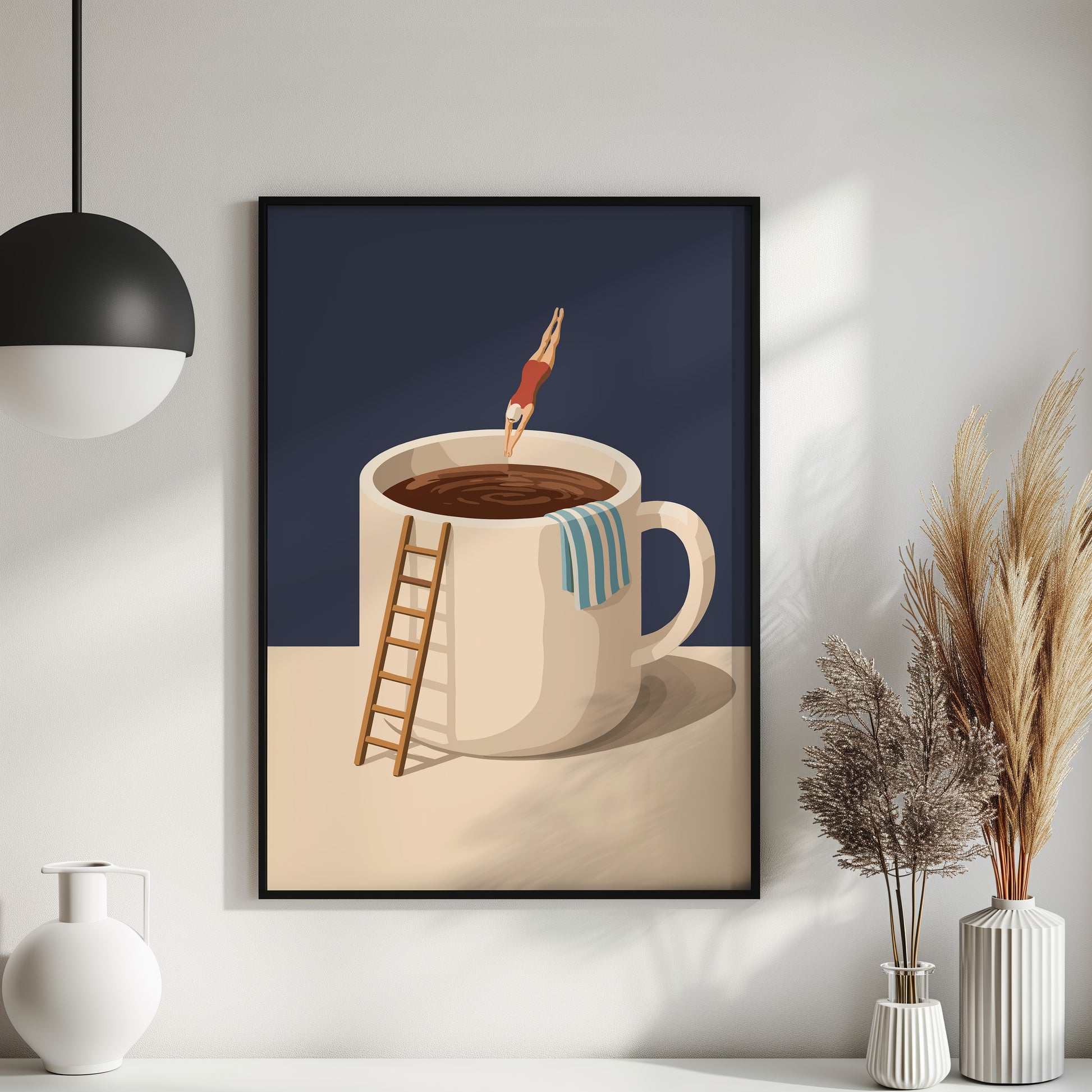 Küchen Kaffee Poster Lustig - Taucher springt in Kaffeebecher