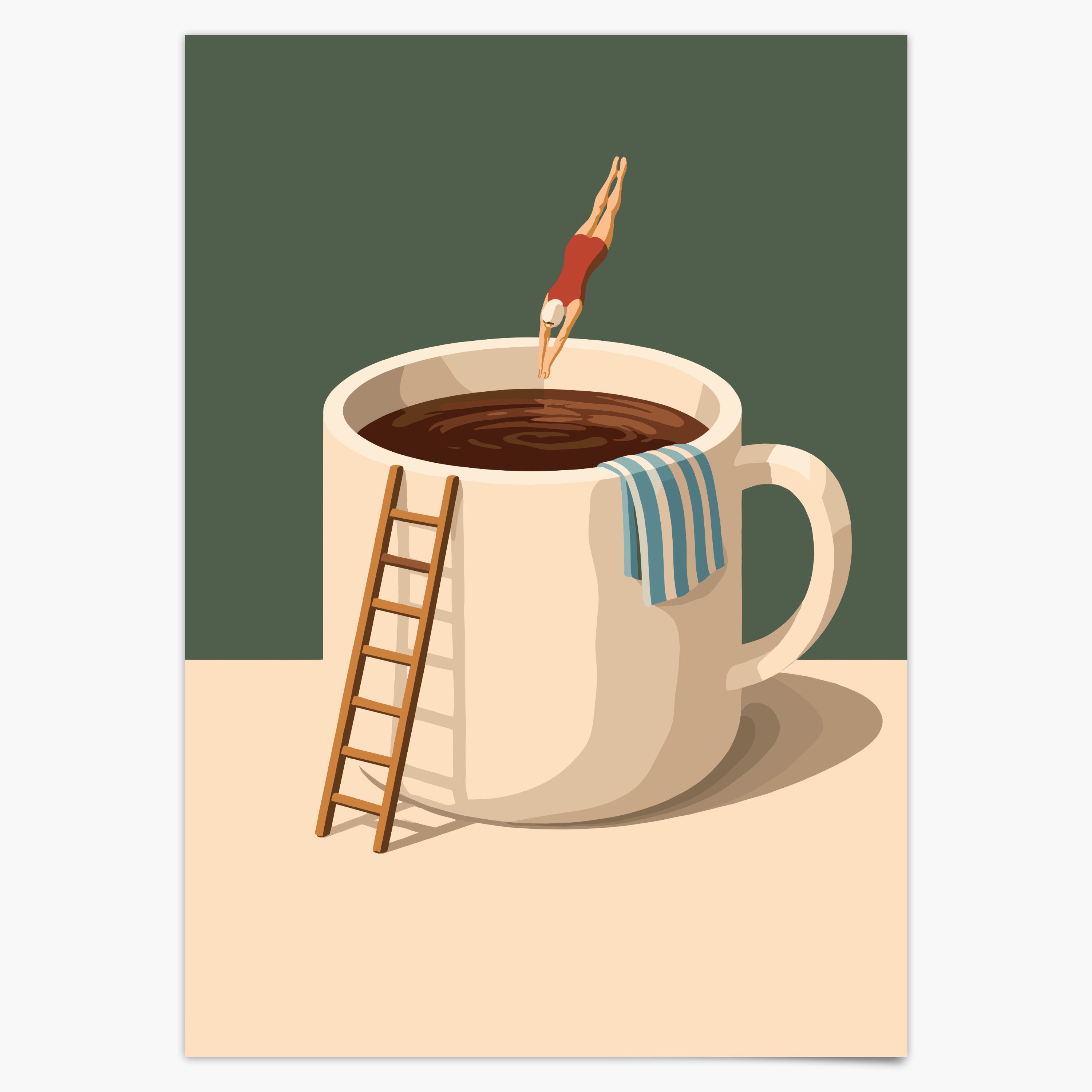 Taucher springt in Kaffeebecher - Lustiges Küchen Poster - Modernes Wohndekor Esszimmer