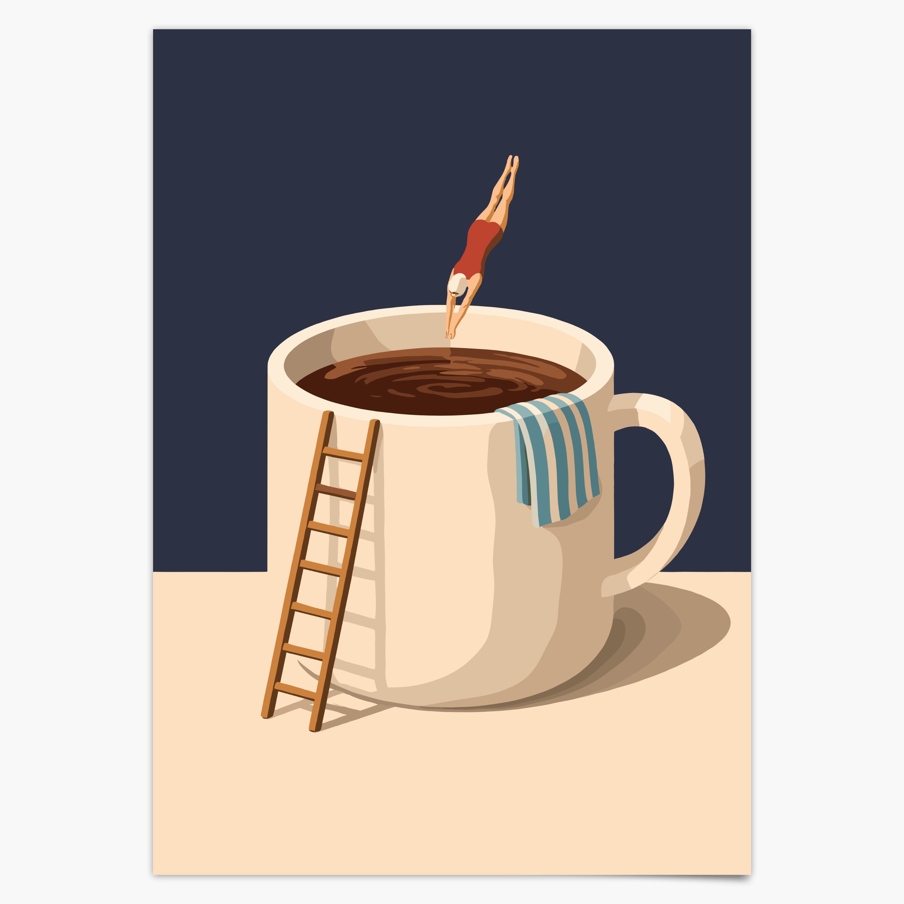 Küchen Kaffee Poster Lustig - Taucher springt in Kaffeebecher