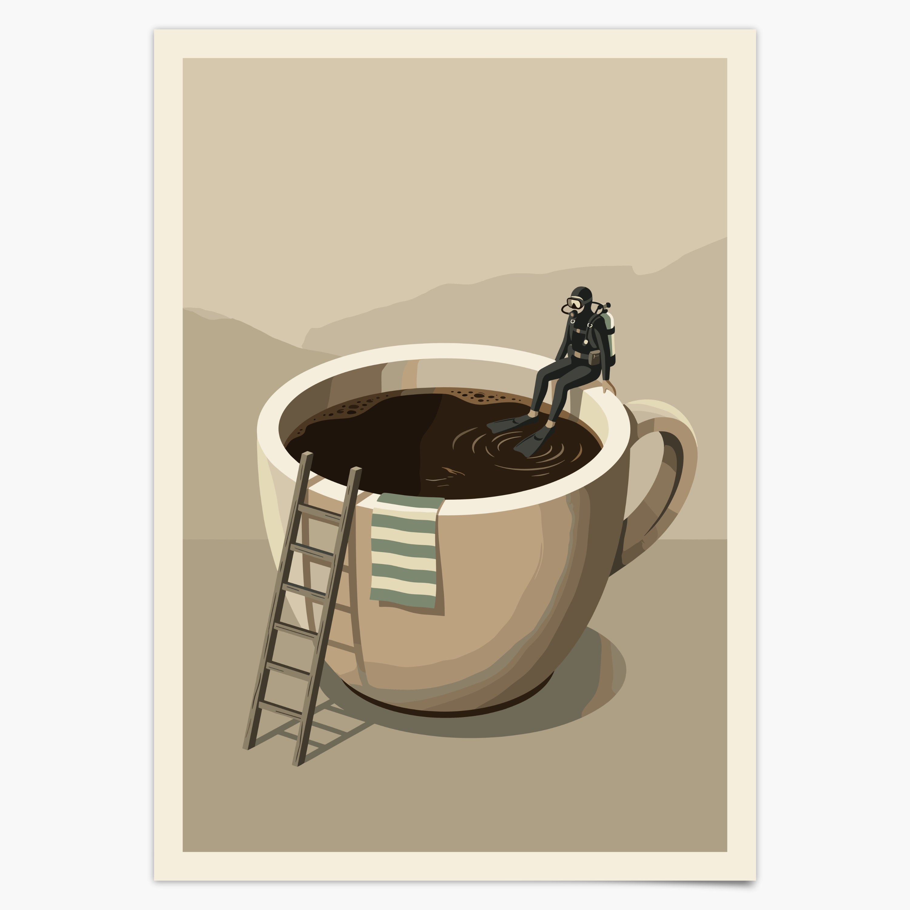 Taucher sitzt auf Kaffeetasse - Mid-Century Küchen Kaffee Poster Beige Minimalistisch