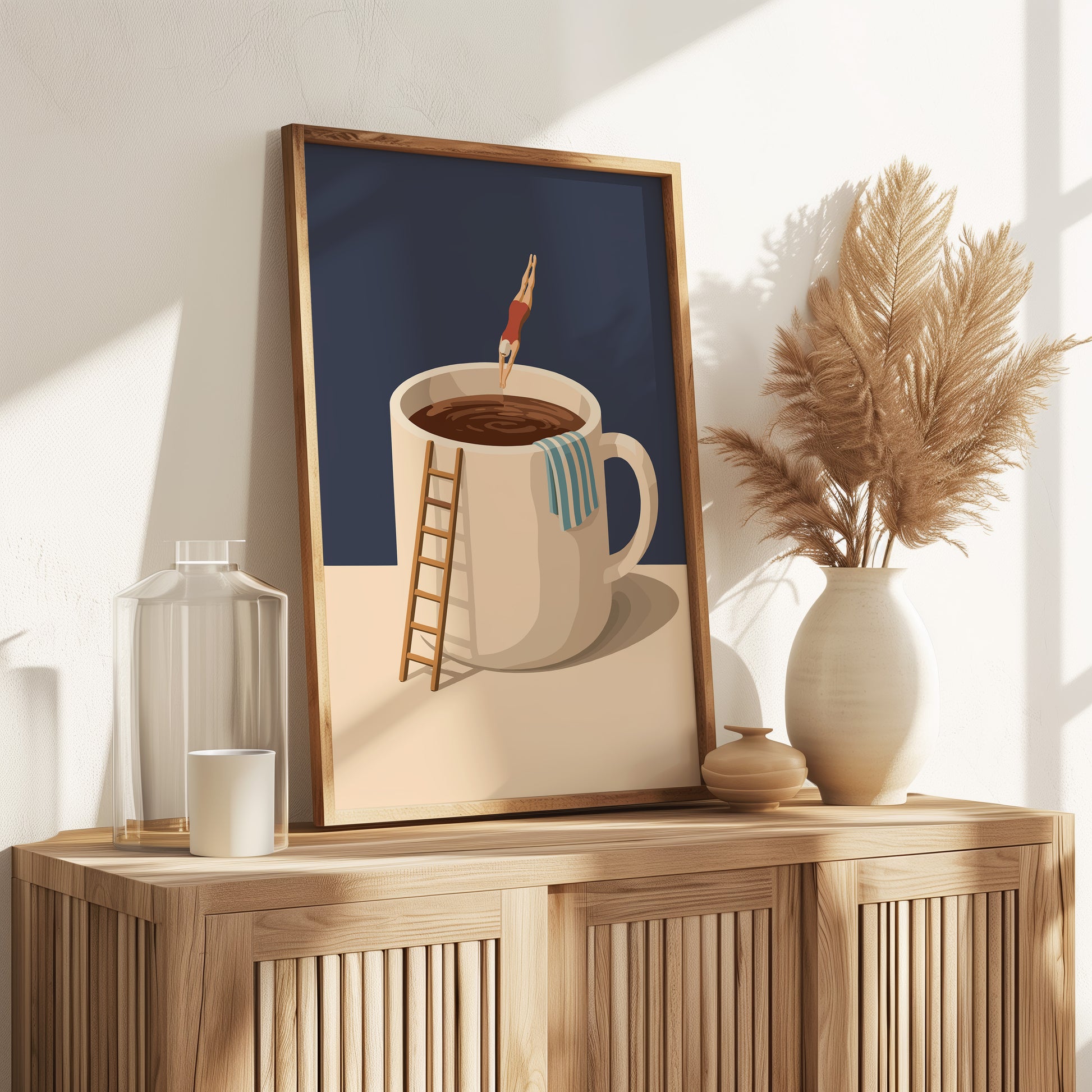 Küchen Kaffee Poster Lustig - Taucher springt in Kaffeebecher