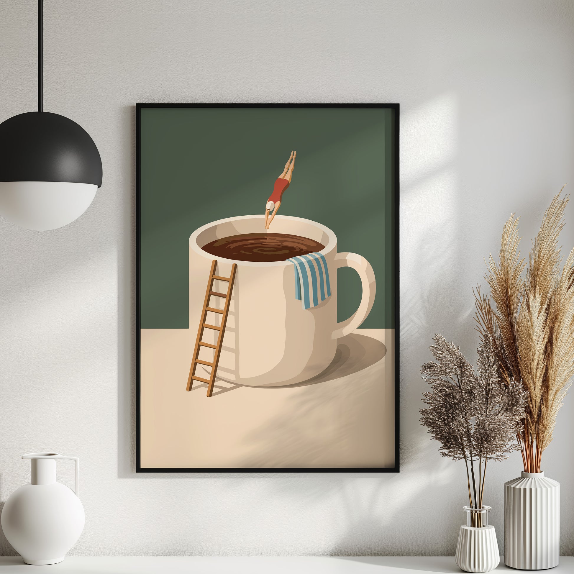 Taucher springt in Kaffeebecher - Lustiges Küchen Poster - Modernes Wohndekor Esszimmer