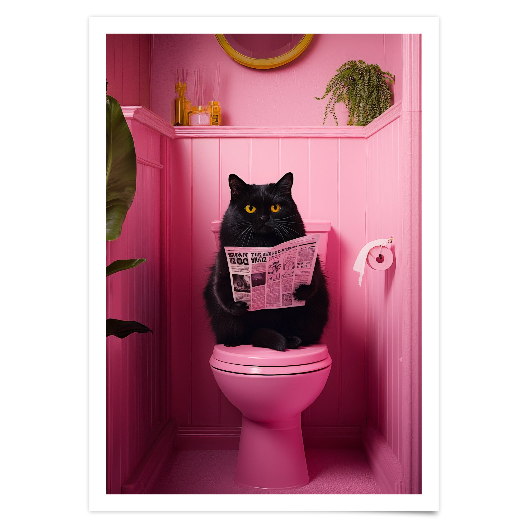 Katze auf Toilette Bild Badezimmer Poster Tiere auf dem Klo Deko Gäste WC Bild Pink Geschenk Hauskauf Wanddekoration Katze liest Zeitung