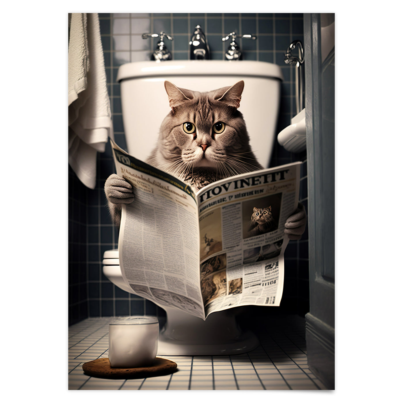 Katze auf Klo Poster für Gäste WC und Badezimmer Bilder Bad Deko Lustige Poster Badezimmer Katze liest Zeitung auf der Toilette Art Deco