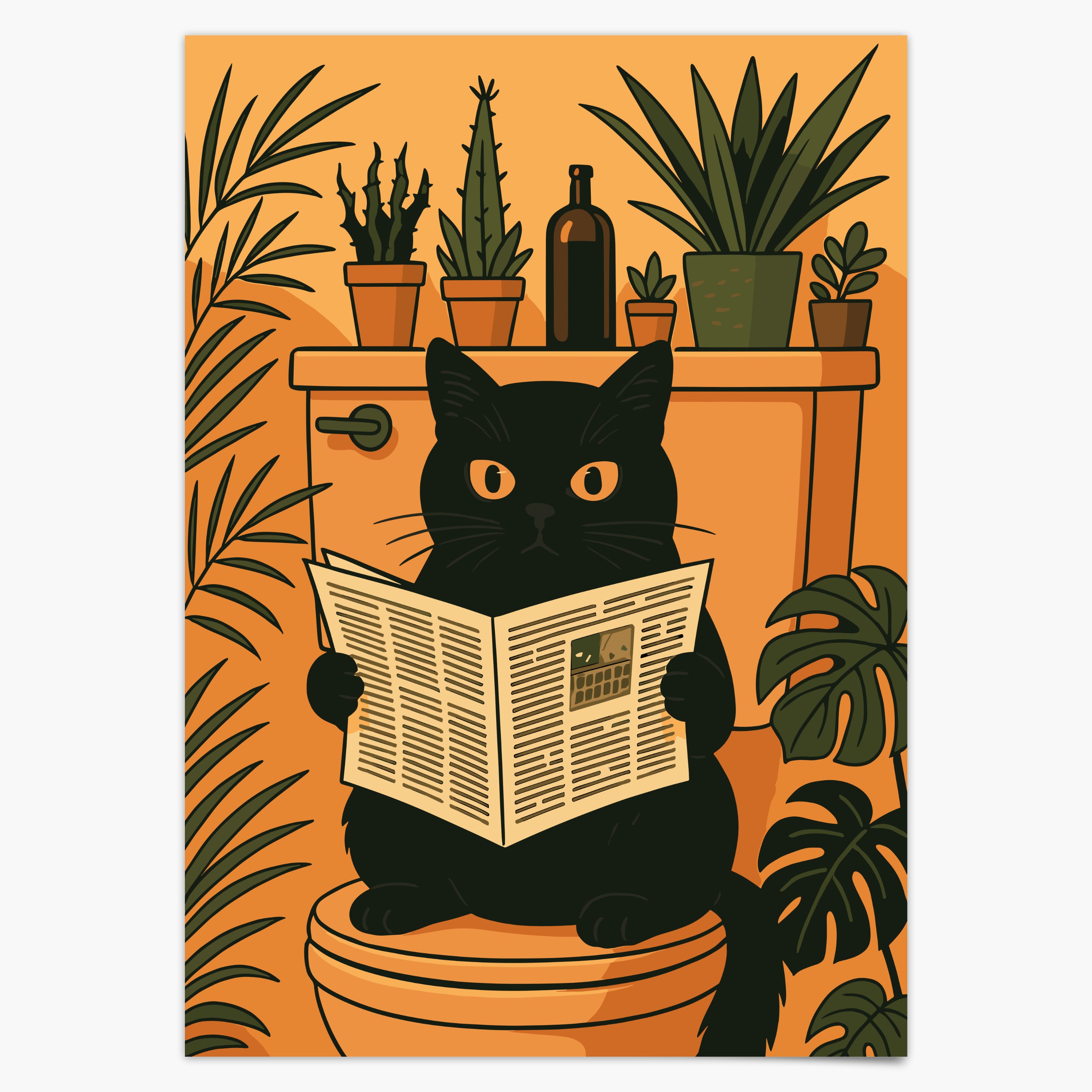 Katze liest Zeitung auf der Toilette - Badezimmer Poster Kunstdruck - Gäste WC Deko - Geschenk Einweihungsparty & Hausbau - Badezimmer Print