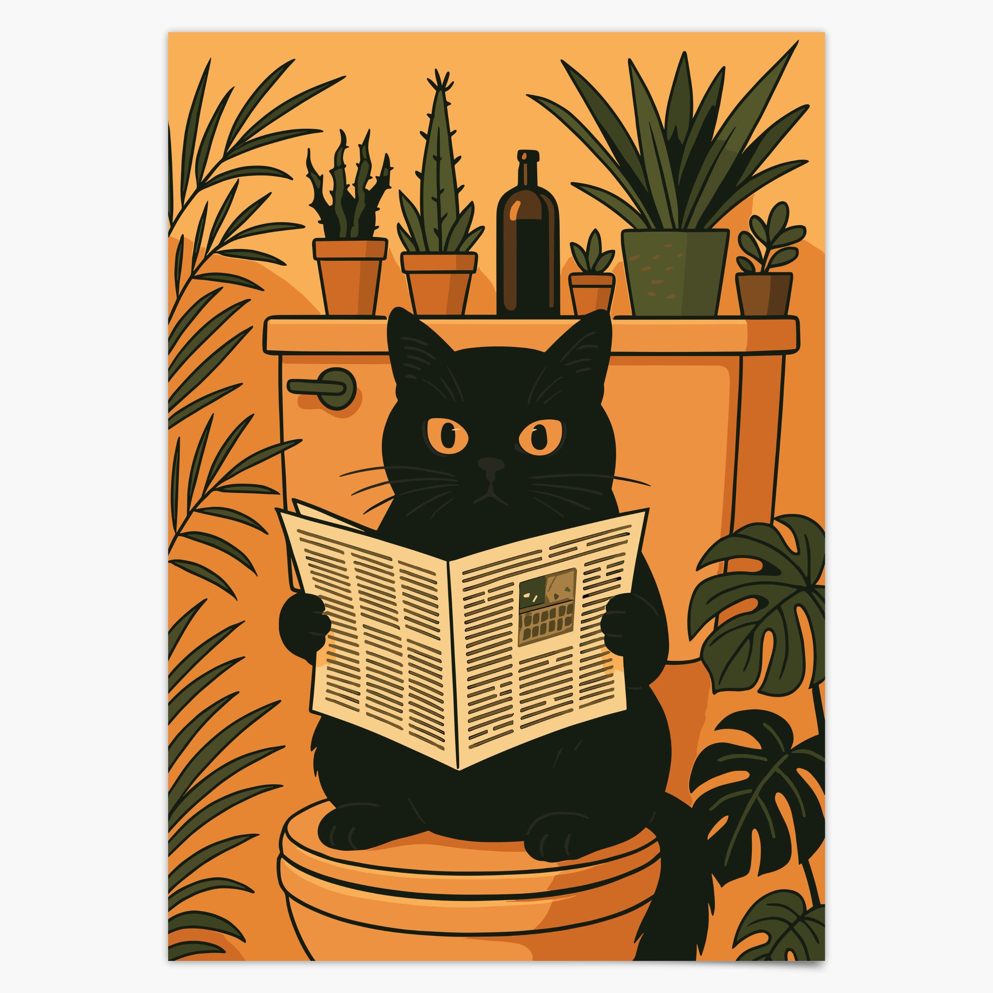 Katze liest Zeitung auf der Toilette - Badezimmer Poster Kunstdruck - Gäste WC Deko - Geschenk Einweihungsparty & Hausbau - Badezimmer Print