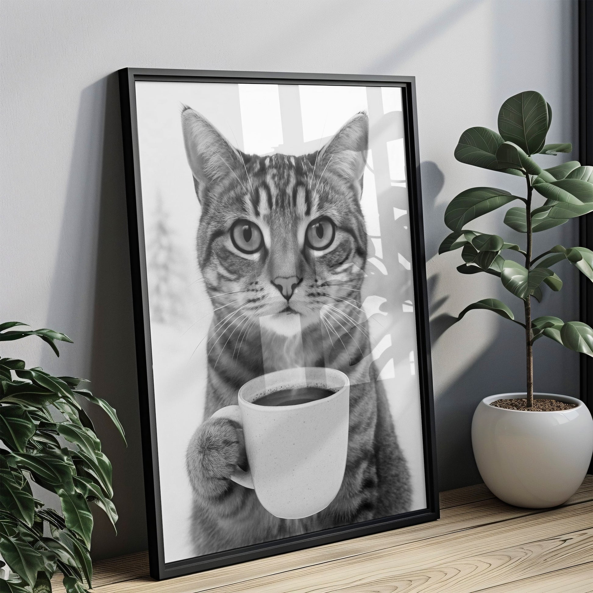 Poster Katze trinkt Kaffee – Lustiges Katzen Print Wandbild in Schwarz-Weiß