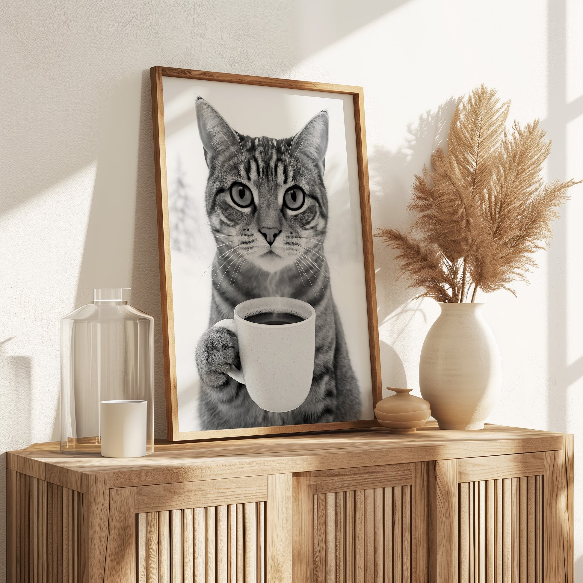 Poster Katze trinkt Kaffee – Lustiges Katzen Print Wandbild in Schwarz-Weiß