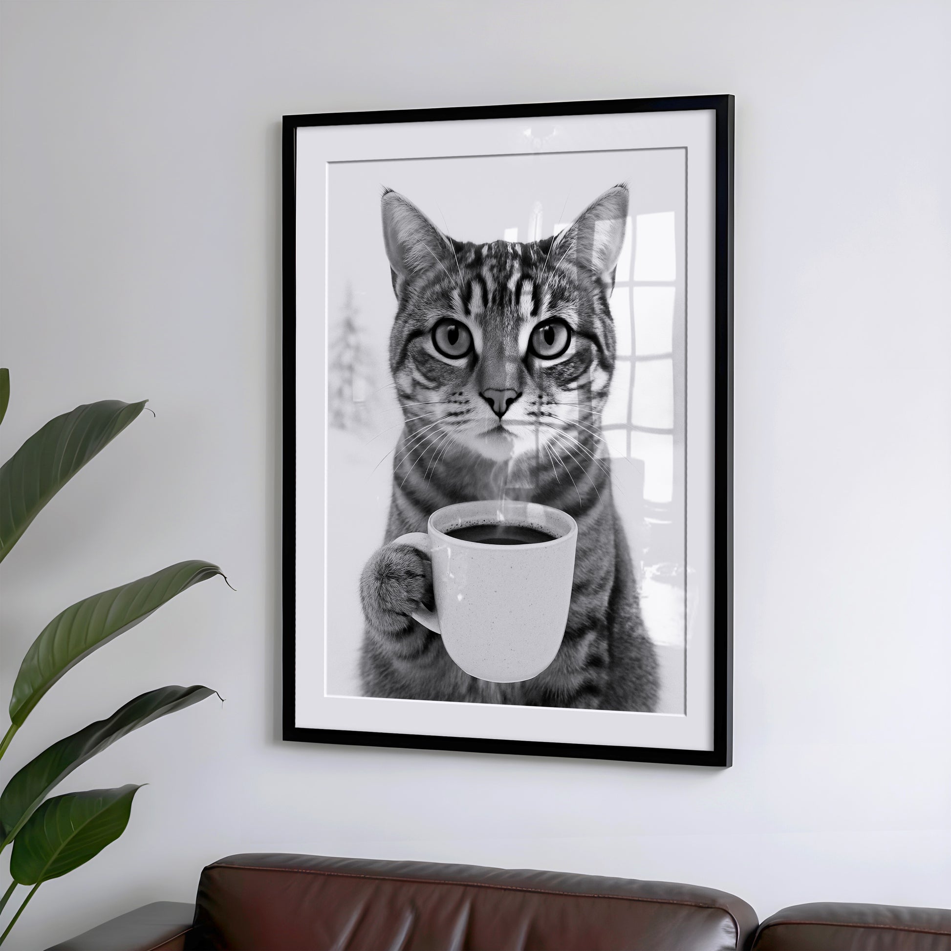 Poster Katze trinkt Kaffee – Lustiges Katzen Print Wandbild in Schwarz-Weiß