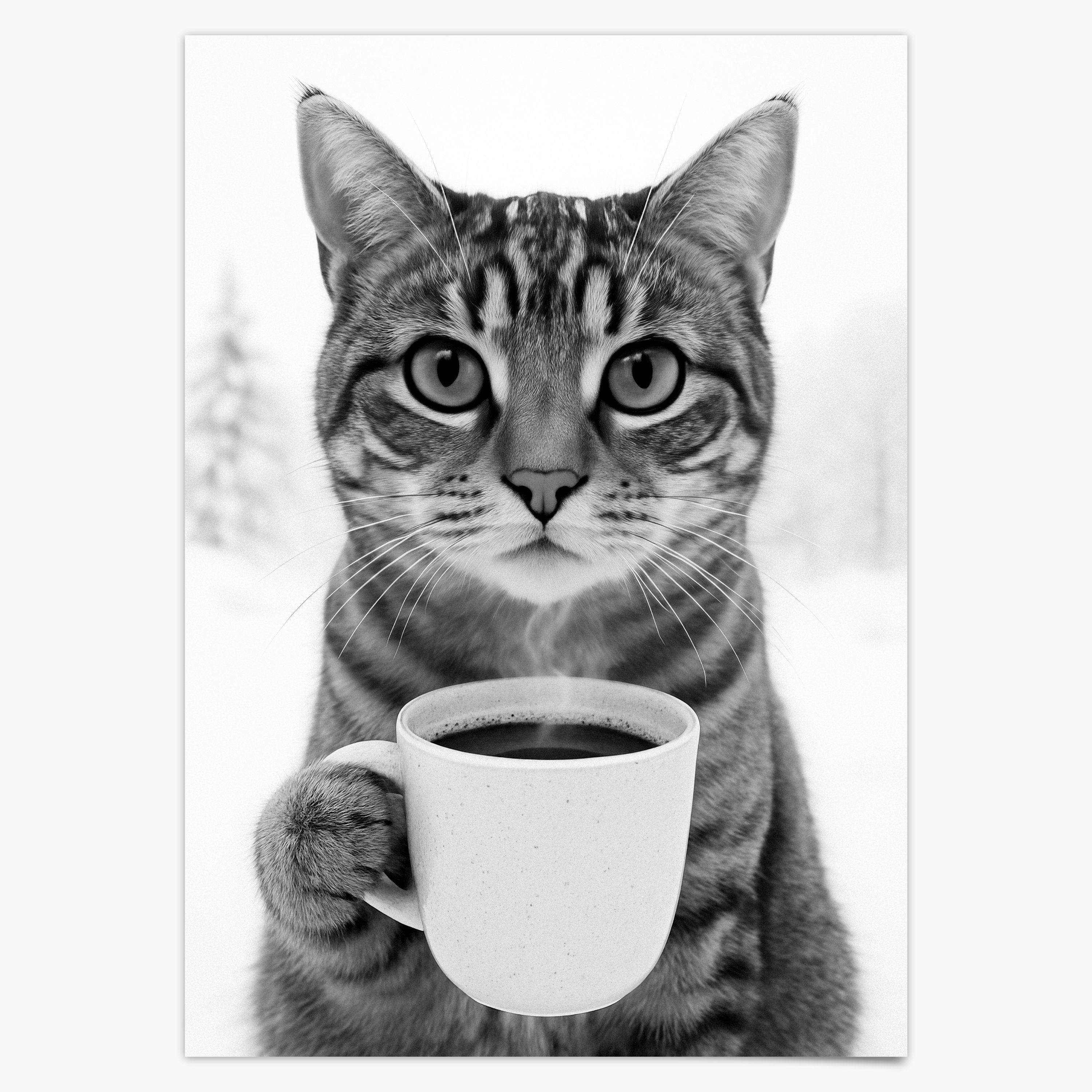 Poster Katze trinkt Kaffee – Lustiges Katzen Print Wandbild in Schwarz-Weiß