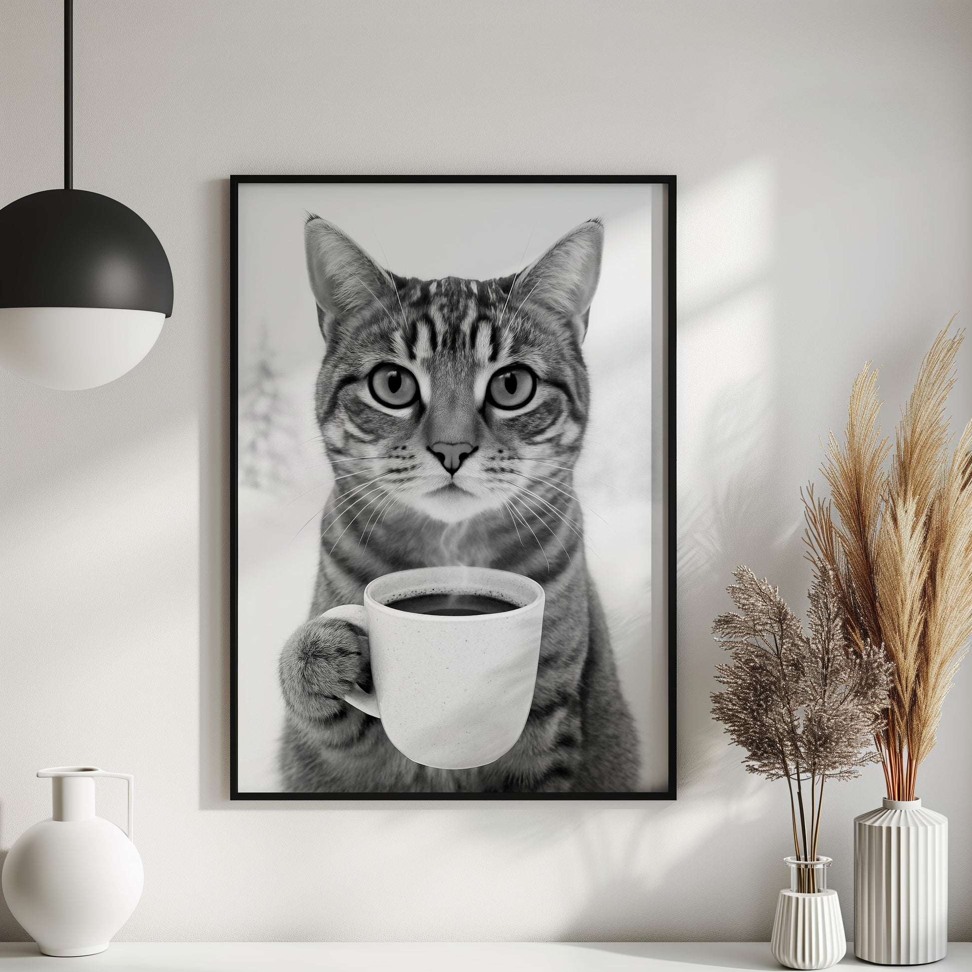 Poster Katze trinkt Kaffee – Lustiges Katzen Print Wandbild in Schwarz-Weiß