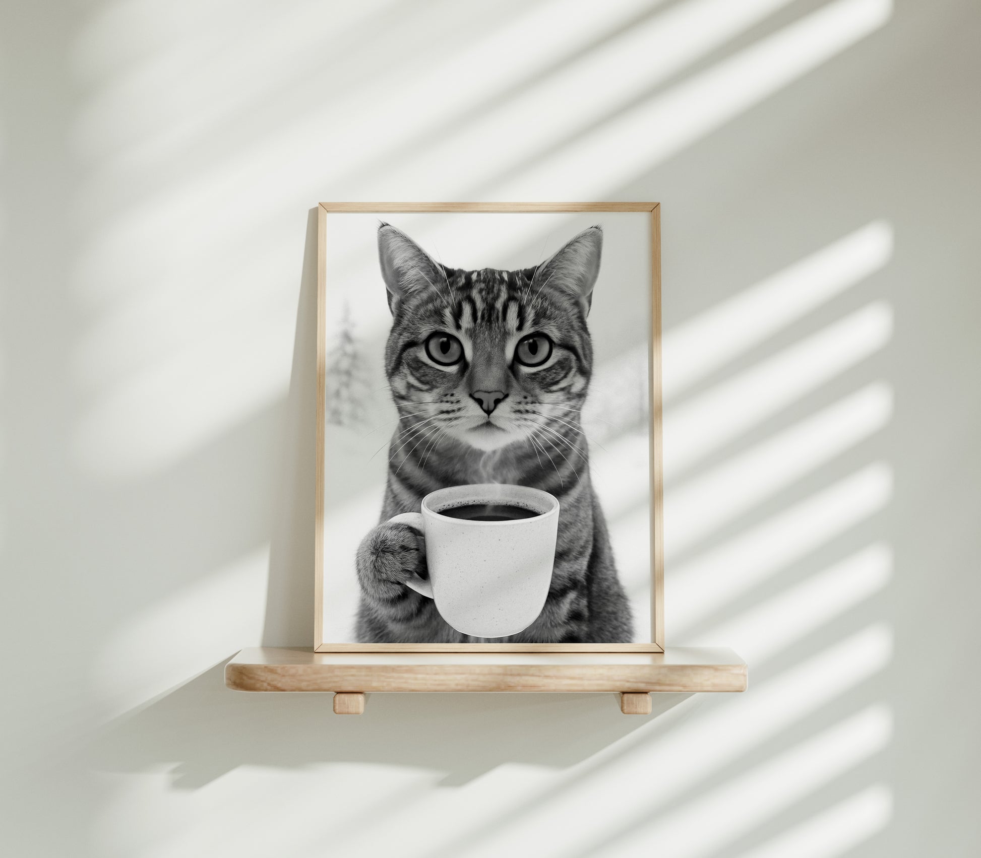 Poster Katze trinkt Kaffee – Lustiges Katzen Print Wandbild in Schwarz-Weiß
