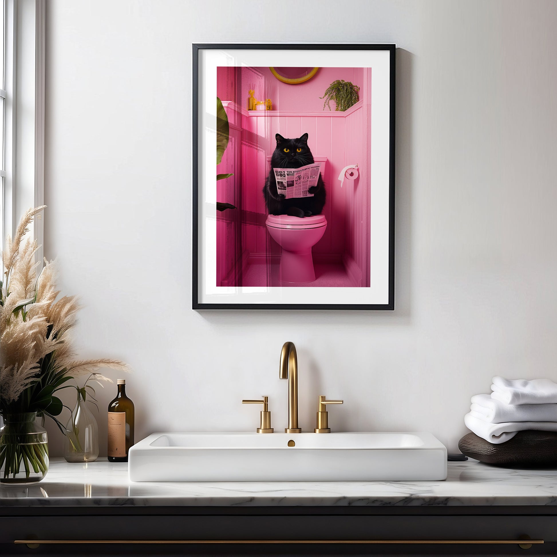 Katze auf Toilette Bild Badezimmer Poster Tiere auf dem Klo Deko Gäste WC Bild Pink Geschenk Hauskauf Wanddekoration Katze liest Zeitung