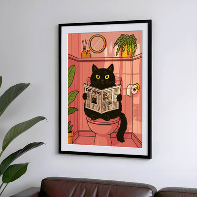 Badezimmer Poster Lustig - Katze liest Zeitung auf dem Klo - Badezimmer Bilder Kunstdruck - Gäste WC Deko - Geschenk Hausbau Moderne Poster