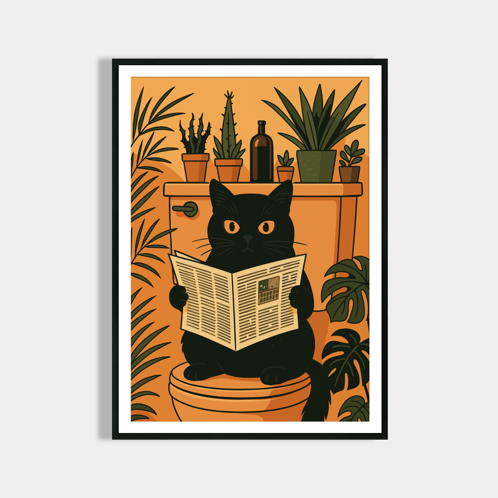 Katze liest Zeitung auf der Toilette - Badezimmer Poster Kunstdruck - Gäste WC Deko - Geschenk Einweihungsparty & Hausbau - Badezimmer Print