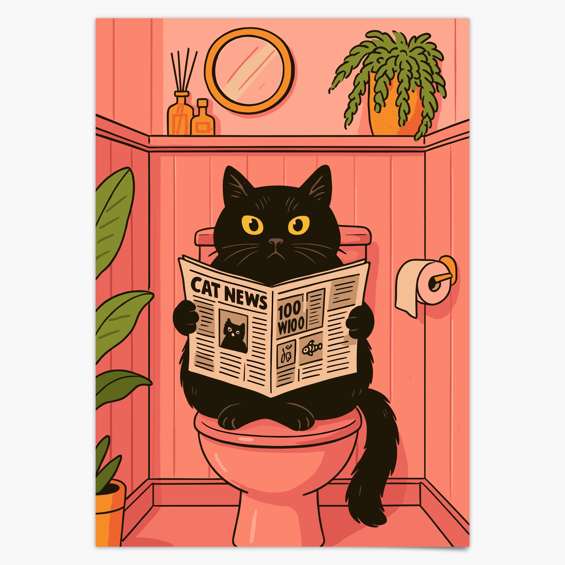 Badezimmer Poster Lustig - Katze liest Zeitung auf dem Klo - Badezimmer Bilder Kunstdruck - Gäste WC Deko - Geschenk Hausbau Moderne Poster