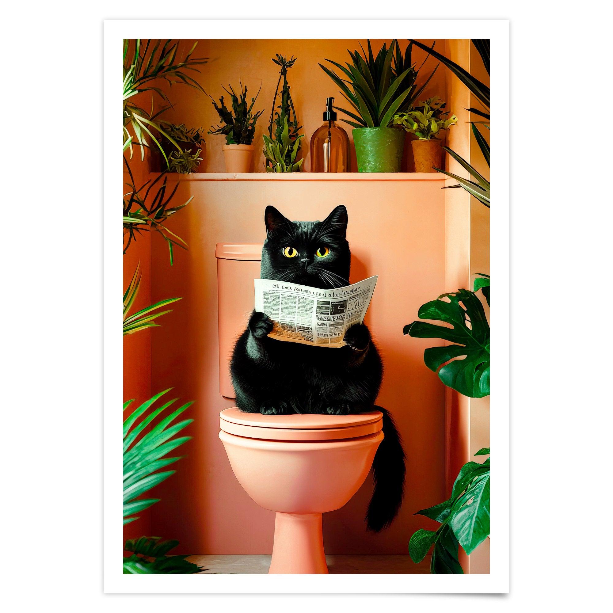 Geschenk Hauskauf Badezimmer Poster Katze auf Toilette liest Zeitung Deko Gäste WC Einweihungsgeschenk Badezimmer Print Katzenliebhaber