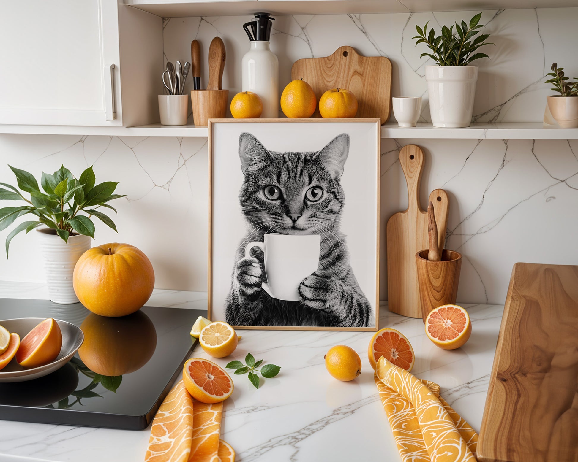 Küchenposter witzig Küchen Print Katze trinkt Kaffee Bild für die Küche Deko Wand Schwarz Weiß Poster Kaffee Geschenk Katzenliebhaber Bild