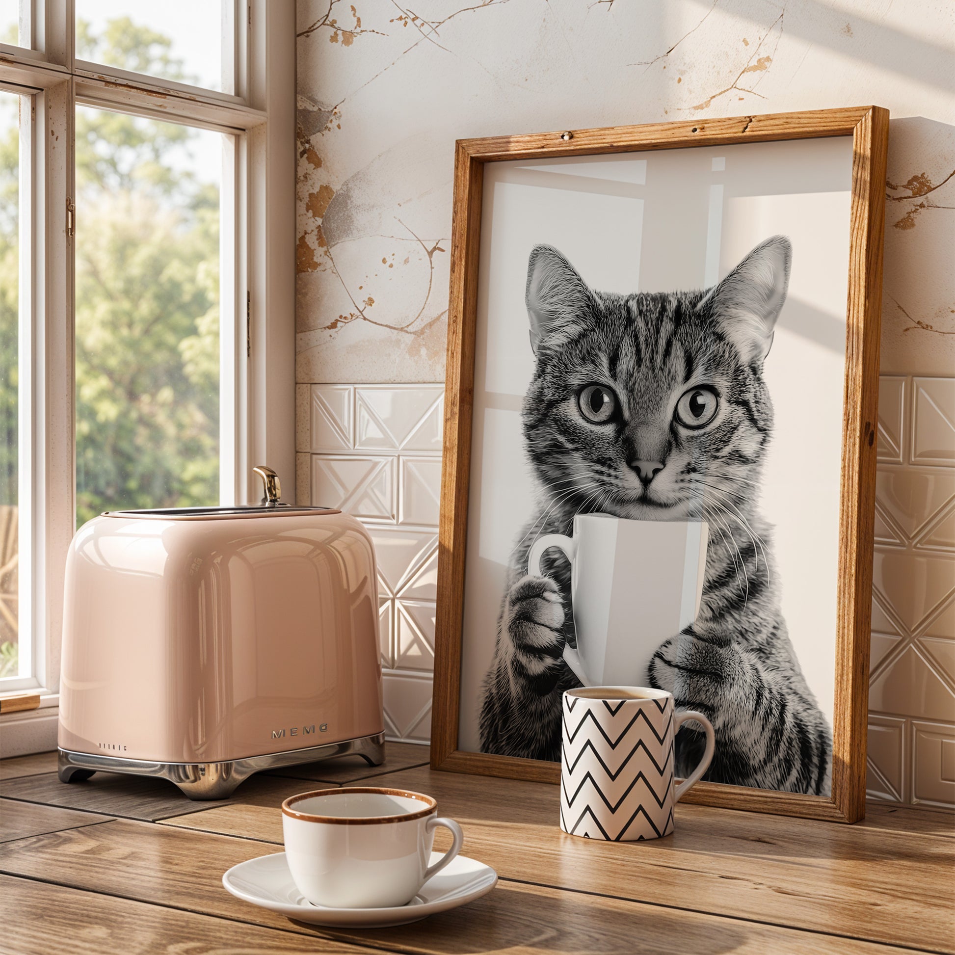 Küchenposter witzig Küchen Print Katze trinkt Kaffee Bild für die Küche Deko Wand Schwarz Weiß Poster Kaffee Geschenk Katzenliebhaber Bild