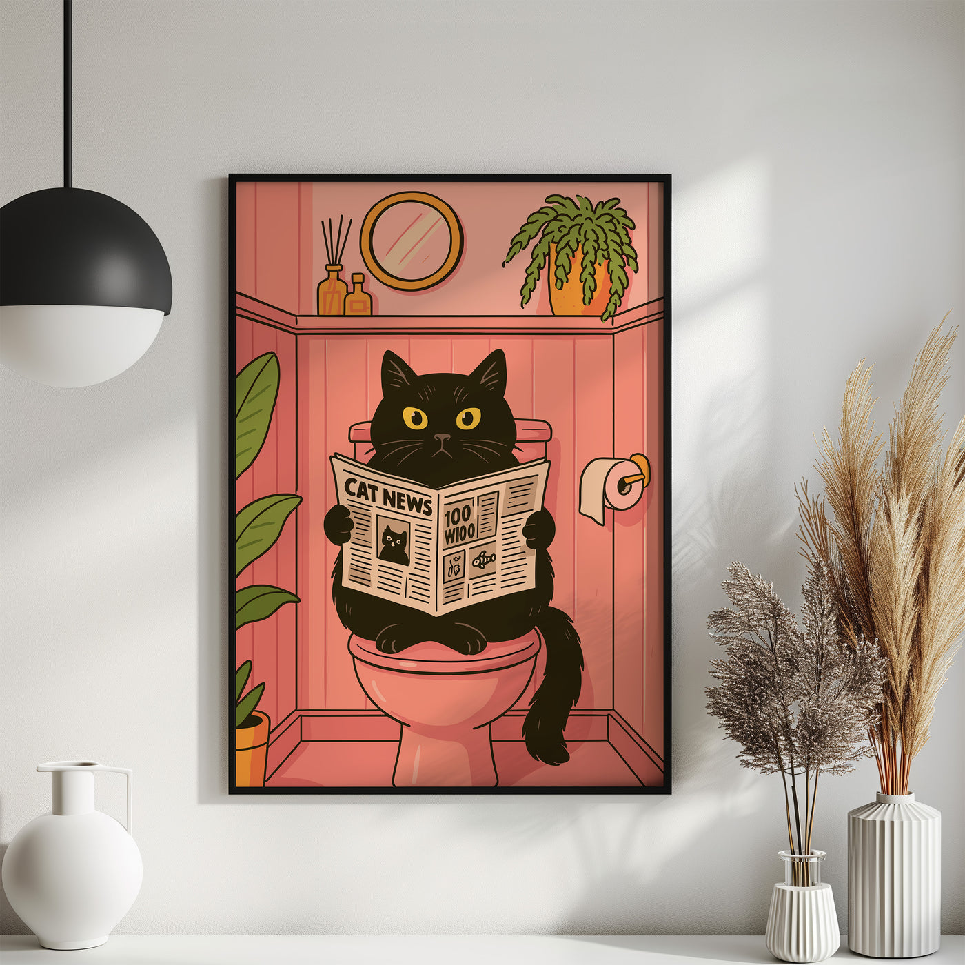 Badezimmer Poster Lustig - Katze liest Zeitung auf dem Klo - Badezimmer Bilder Kunstdruck - Gäste WC Deko - Geschenk Hausbau Moderne Poster