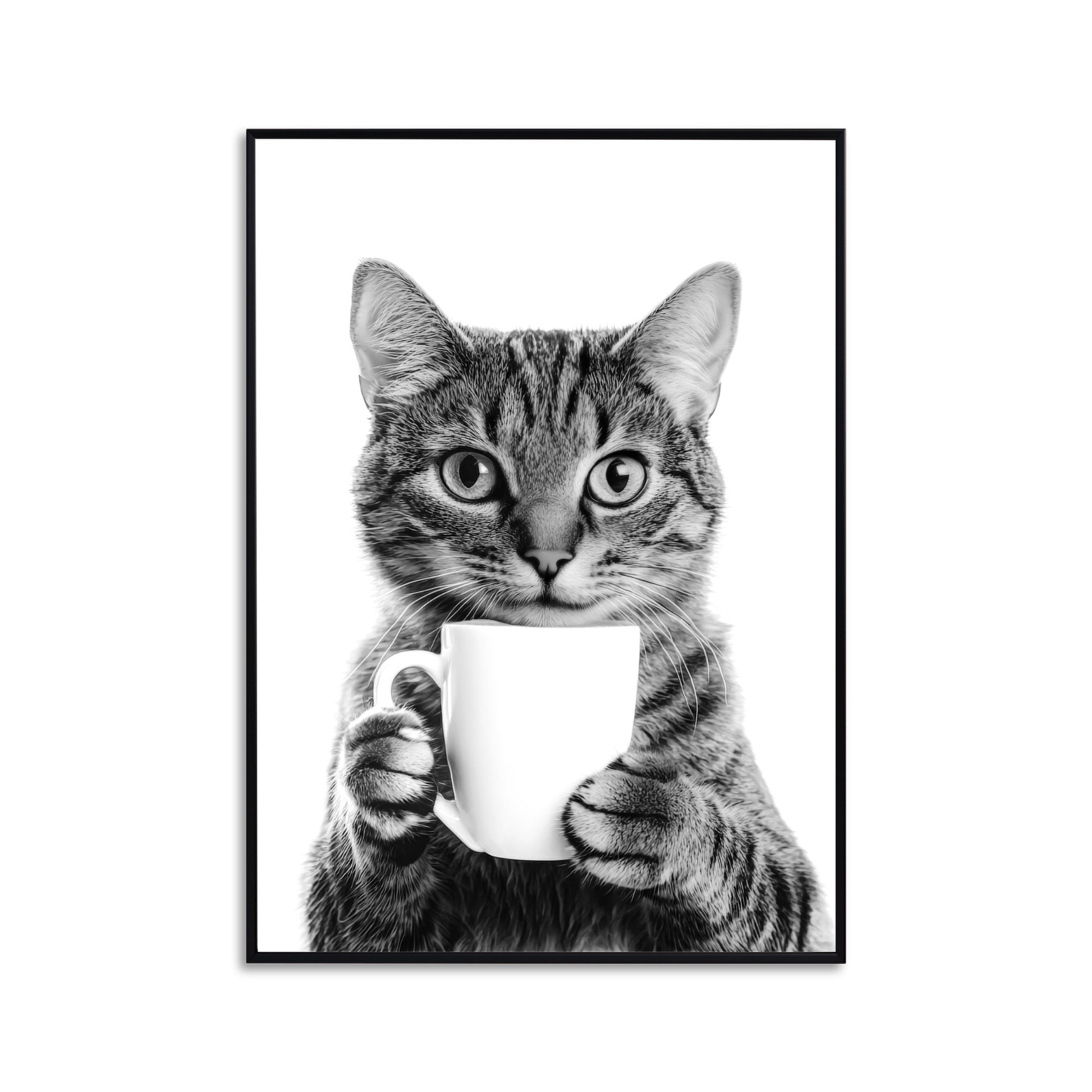 Küchenposter witzig Küchen Print Katze trinkt Kaffee Bild für die Küche Deko Wand Schwarz Weiß Poster Kaffee Geschenk Katzenliebhaber Bild