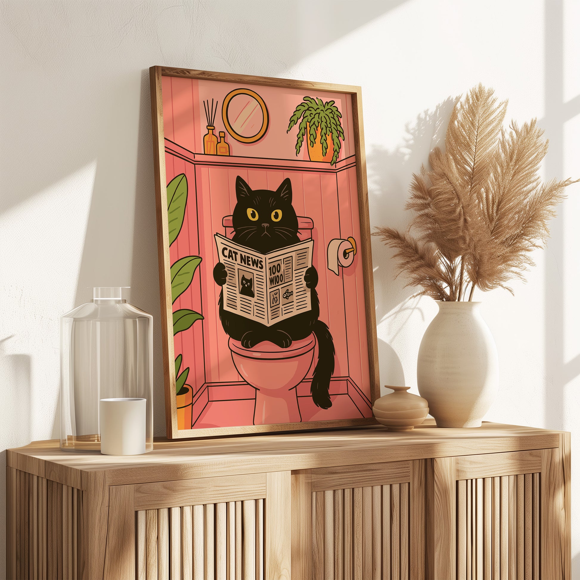 Badezimmer Poster Lustig - Katze liest Zeitung auf dem Klo - Badezimmer Bilder Kunstdruck - Gäste WC Deko - Geschenk Hausbau Moderne Poster