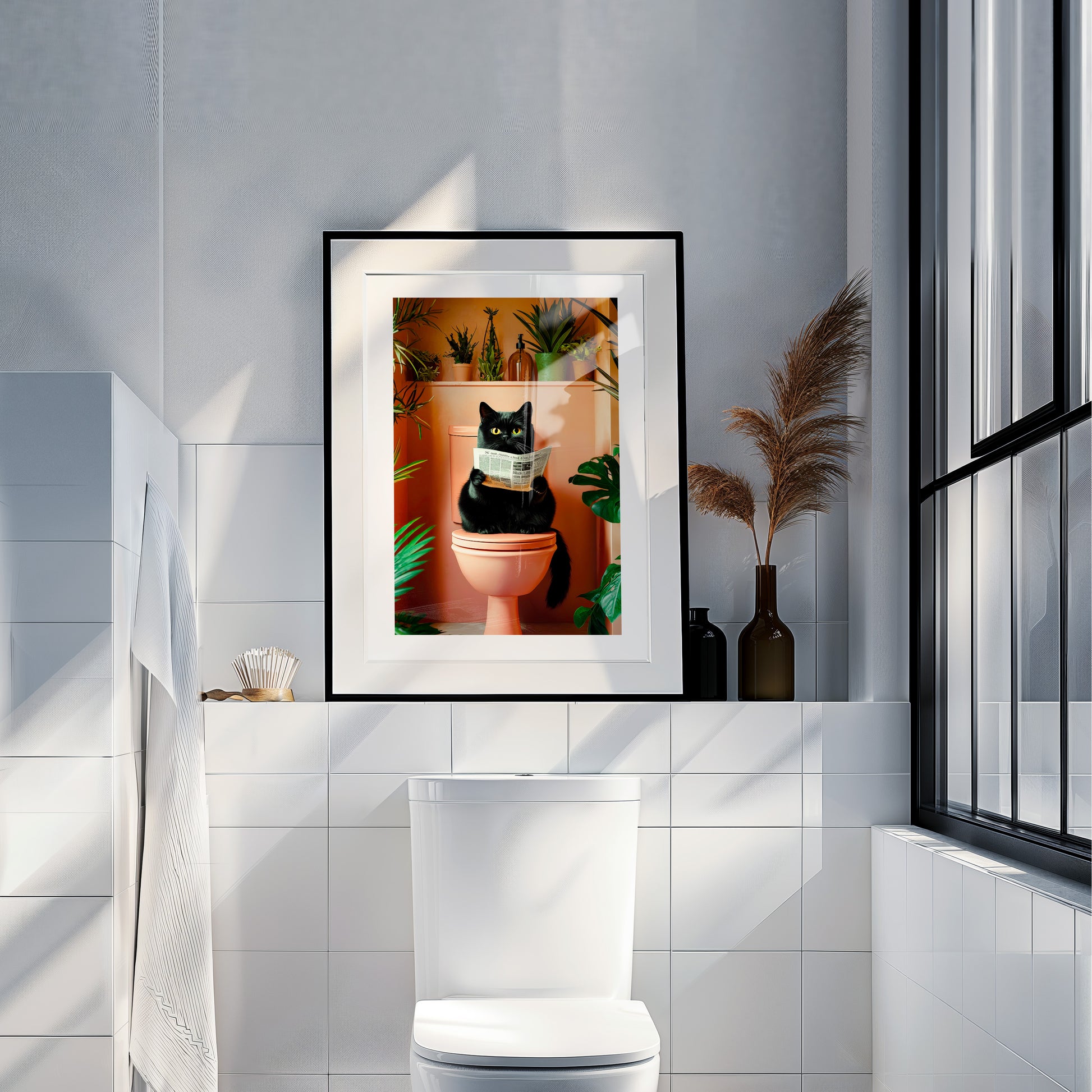 Geschenk Hauskauf Badezimmer Poster Katze auf Toilette liest Zeitung Deko Gäste WC Einweihungsgeschenk Badezimmer Print Katzenliebhaber