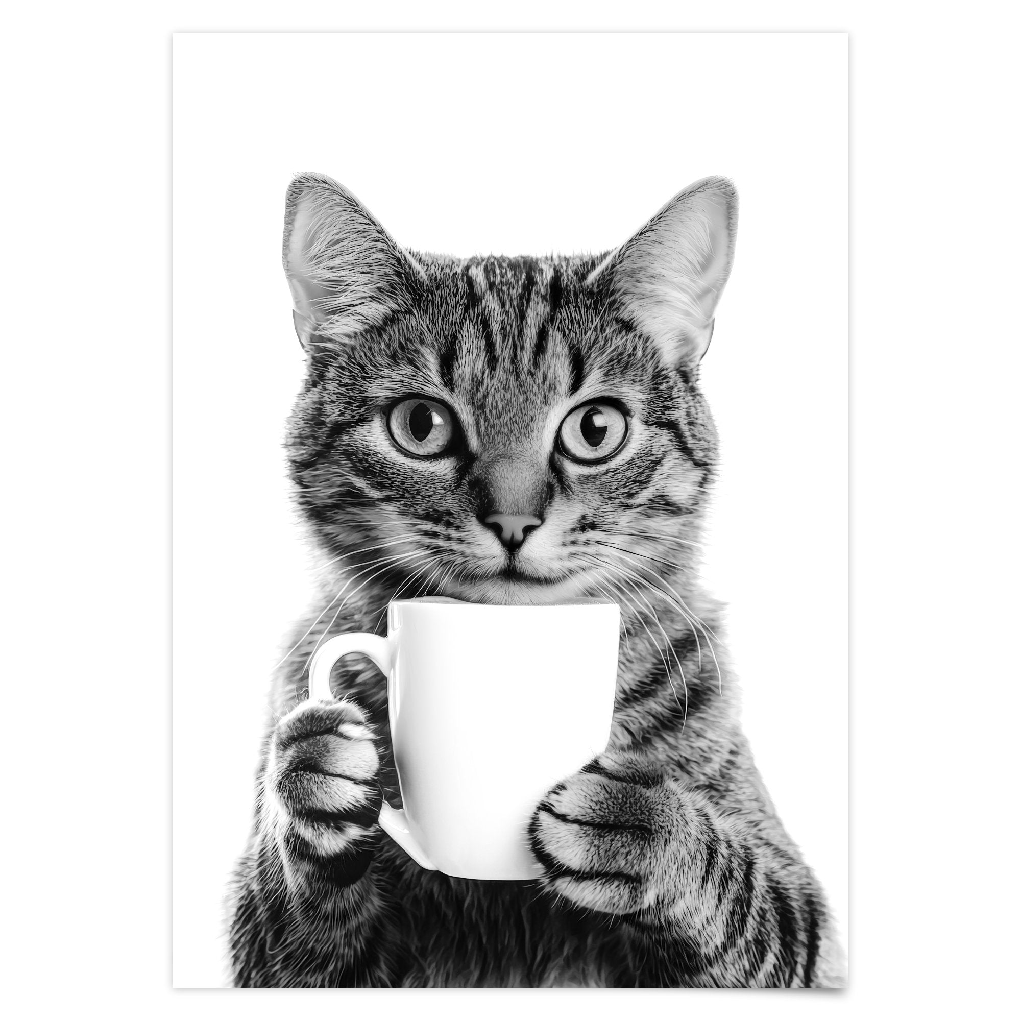 Küchenposter witzig Küchen Print Katze trinkt Kaffee Bild für die Küche Deko Wand Schwarz Weiß Poster Kaffee Geschenk Katzenliebhaber Bild