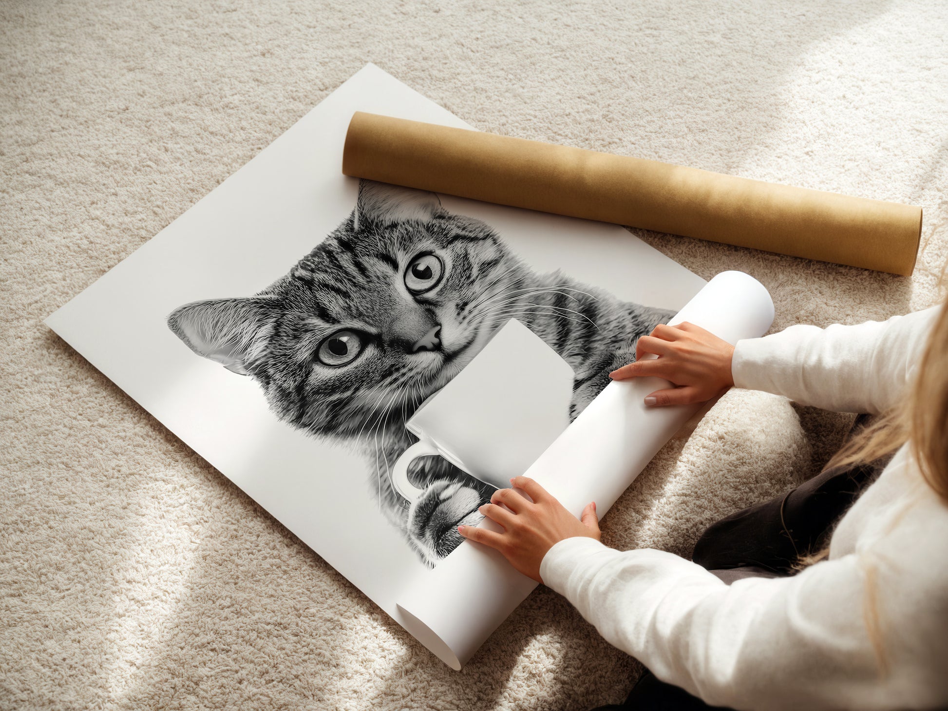 Küchenposter witzig Küchen Print Katze trinkt Kaffee Bild für die Küche Deko Wand Schwarz Weiß Poster Kaffee Geschenk Katzenliebhaber Bild