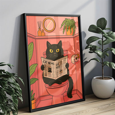 Badezimmer Poster Lustig - Katze liest Zeitung auf dem Klo - Badezimmer Bilder Kunstdruck - Gäste WC Deko - Geschenk Hausbau Moderne Poster