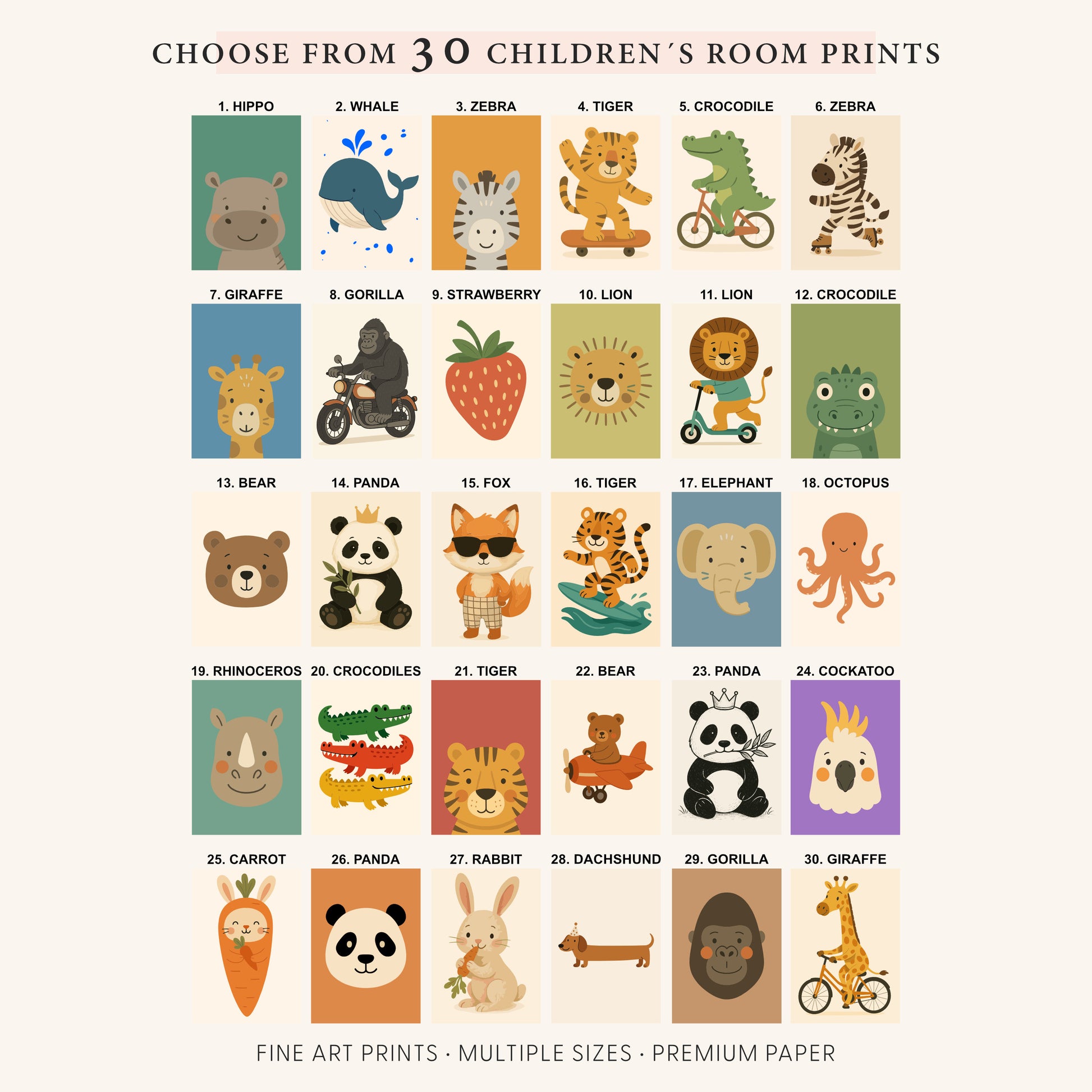 Kinder- & Babyzimmer Poster Tiere - Wandbilder Drucke Löwe, Tiger, Giraffe Panda uvm.