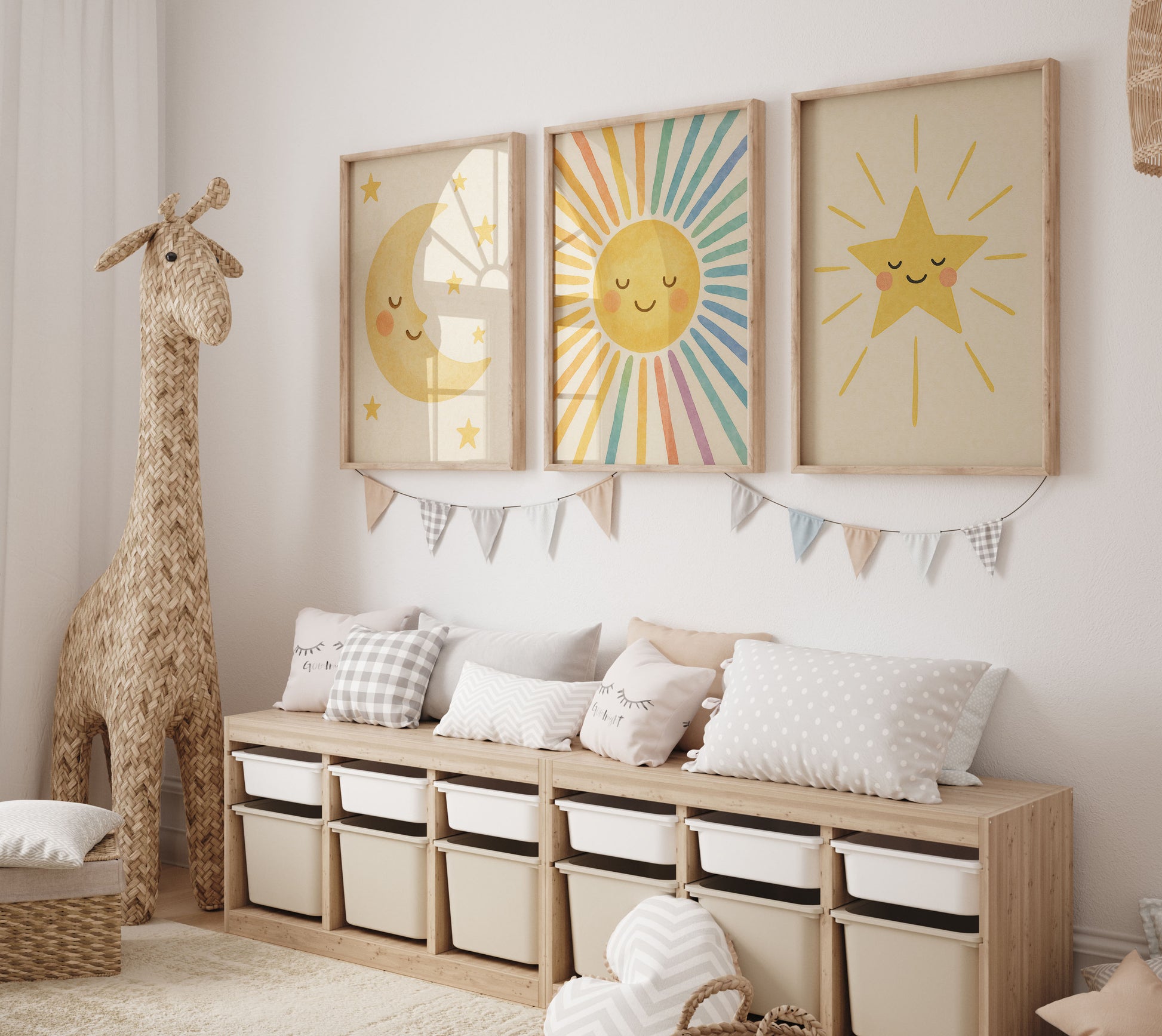 Poster Kinderzimmer Sonne, Mond, Sterne Bilder Babyzimmer Deko Boho 1, 2 oder 3er Set