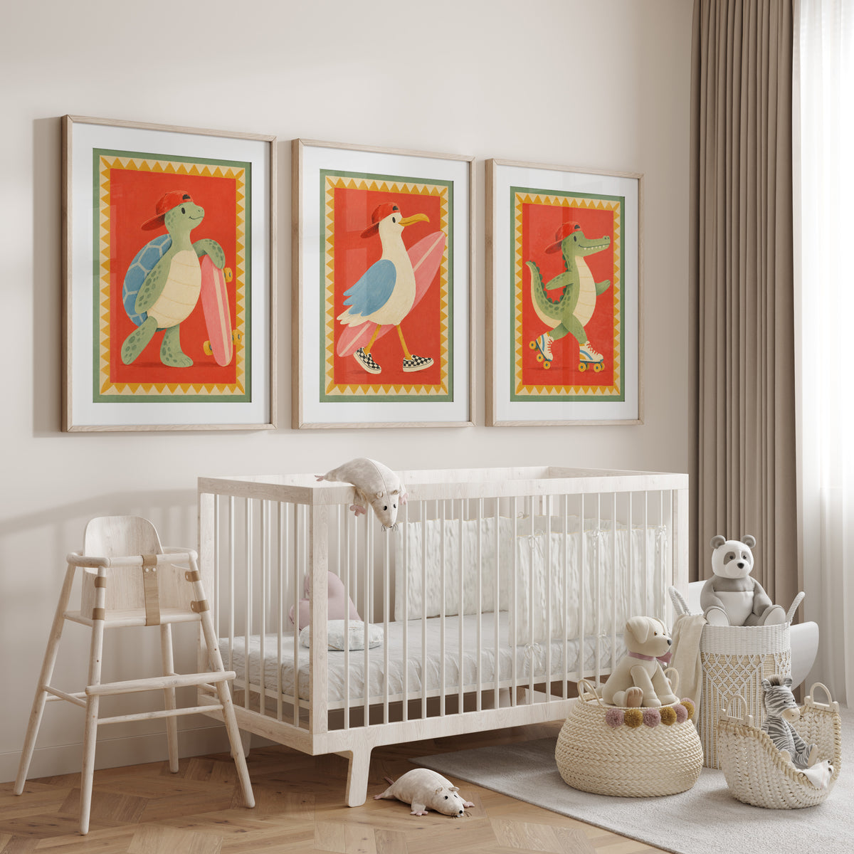 Kinderzimmer Poster Set Retro Bilder Tiere, Möwe Krokodil Schildkröte, Cool Kids Club Babyzimmer Deko Geschenk zur Geburt einzeln oder Set