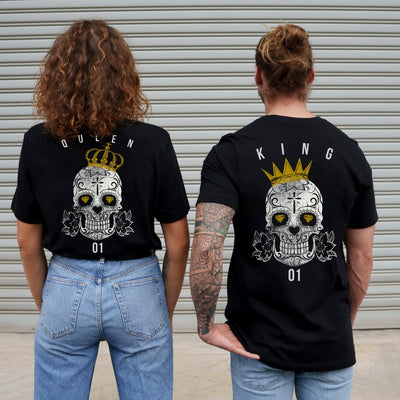 Partner Shirts mit Totenkopf KING und QUEEN Totenkopf und Krone T-Shirts im SET