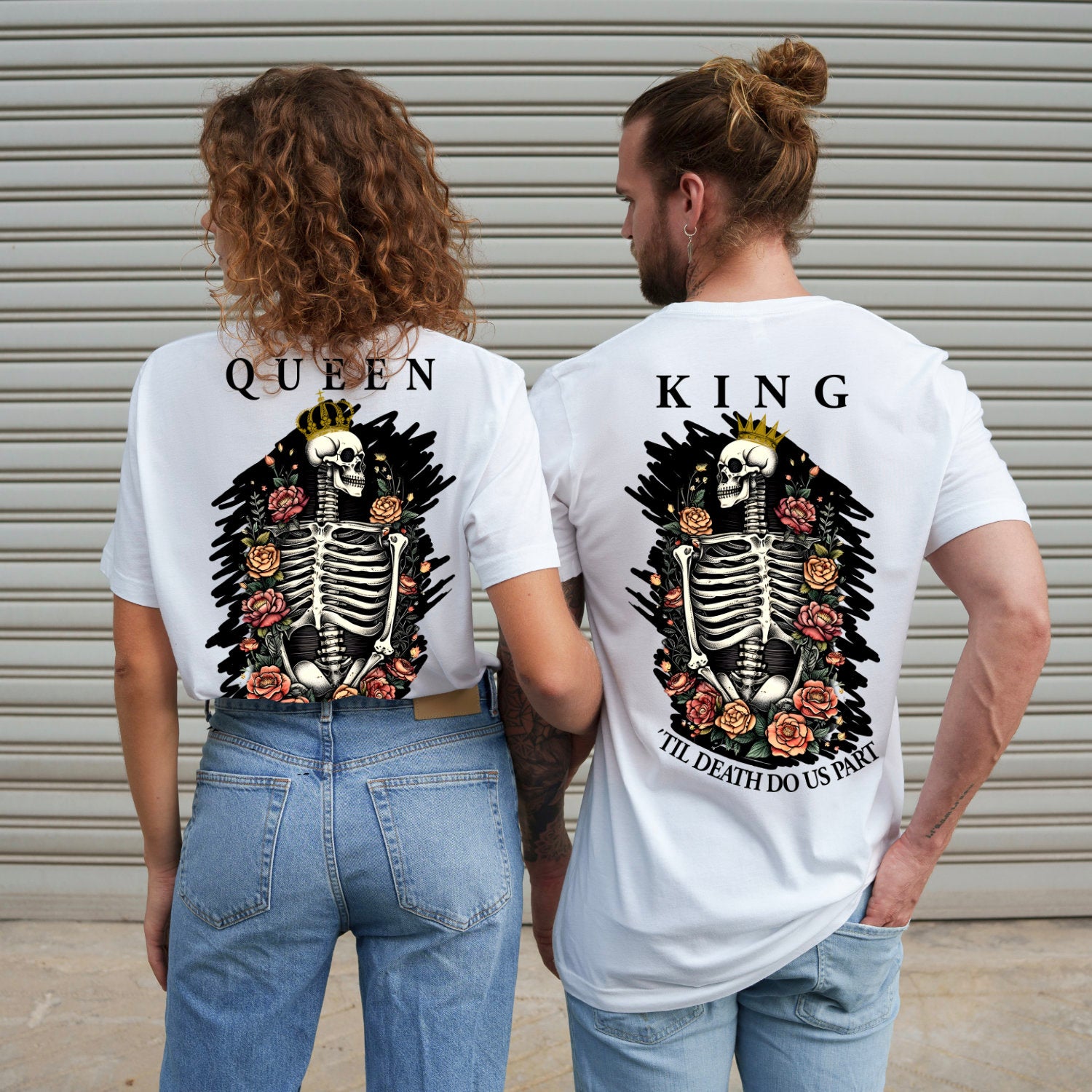 KING QUEEN Shirts Skelett Pärchen T-Shirts für Paare Till Death Do Us Part Shirts Pärchen Couple Tees Valentinstag Verlobung Geschenk Unisex