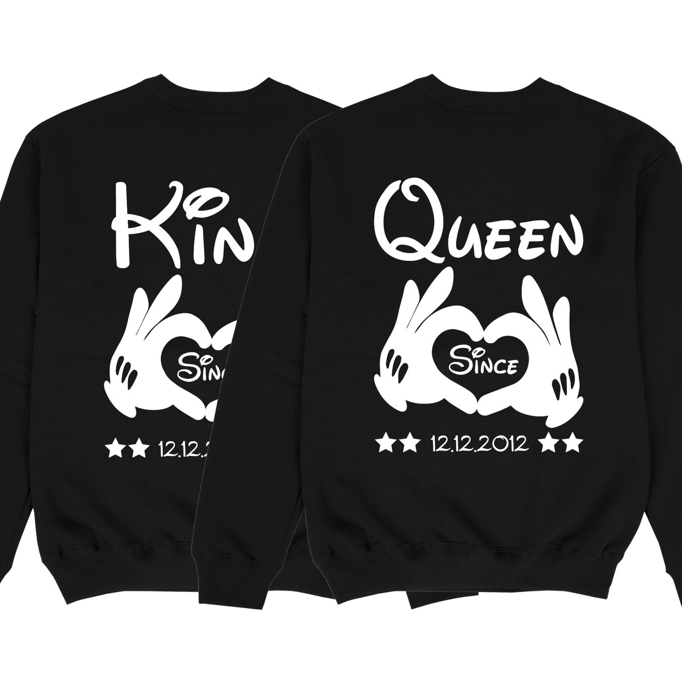 KING & QUEEN Pullover mit Händen und Wunschdatum Pärchen Sweatshirts im SET Paarpullis Pärchen Pullover Personalisiert Valentinstag Geschenk