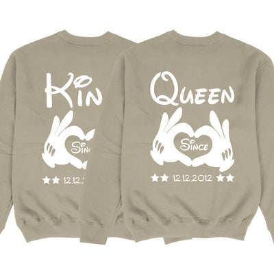 KING & QUEEN Pullover mit Händen und Wunschdatum Pärchen Sweatshirts im SET Paarpullis Pärchen Pullover Personalisiert Valentinstag Geschenk