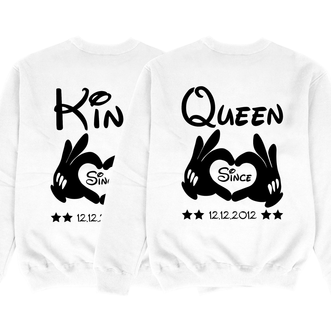 KING & QUEEN Pullover mit Händen und Wunschdatum Pärchen Sweatshirts im SET Paarpullis Pärchen Pullover Personalisiert Valentinstag Geschenk