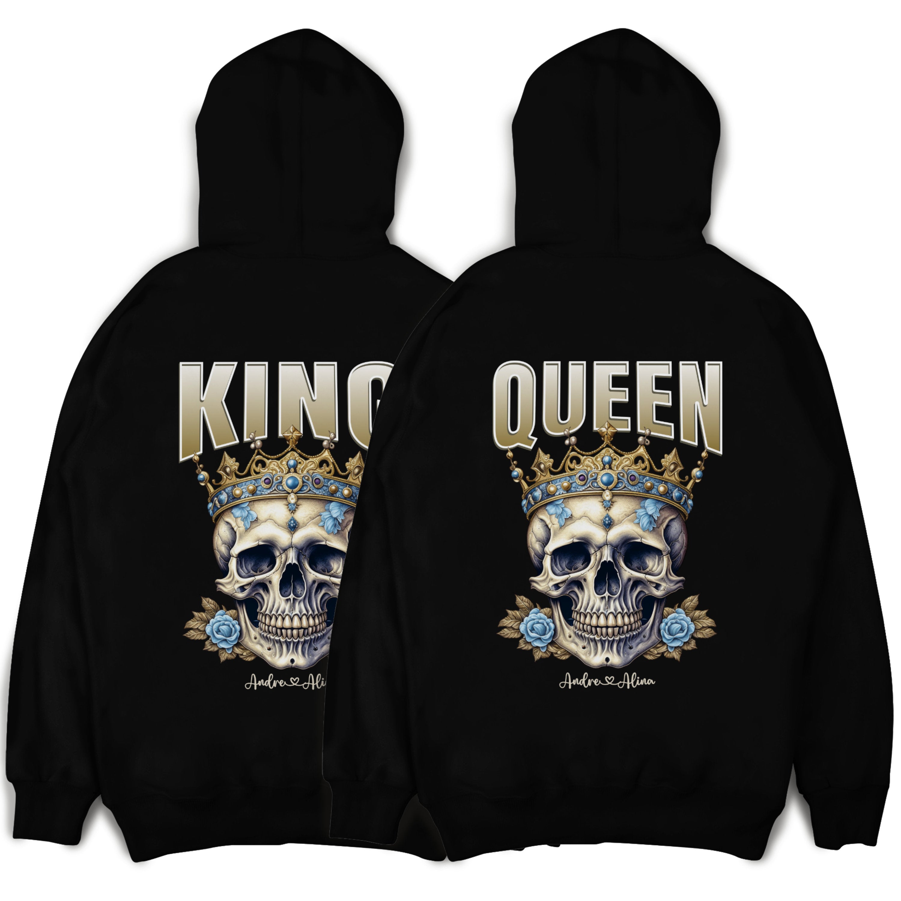 King Queen Hoodie personalisiert mit Namen oder Datum - Pärchen Pullover mit Totenkopf im Set für Valentinstag und Weihnachten